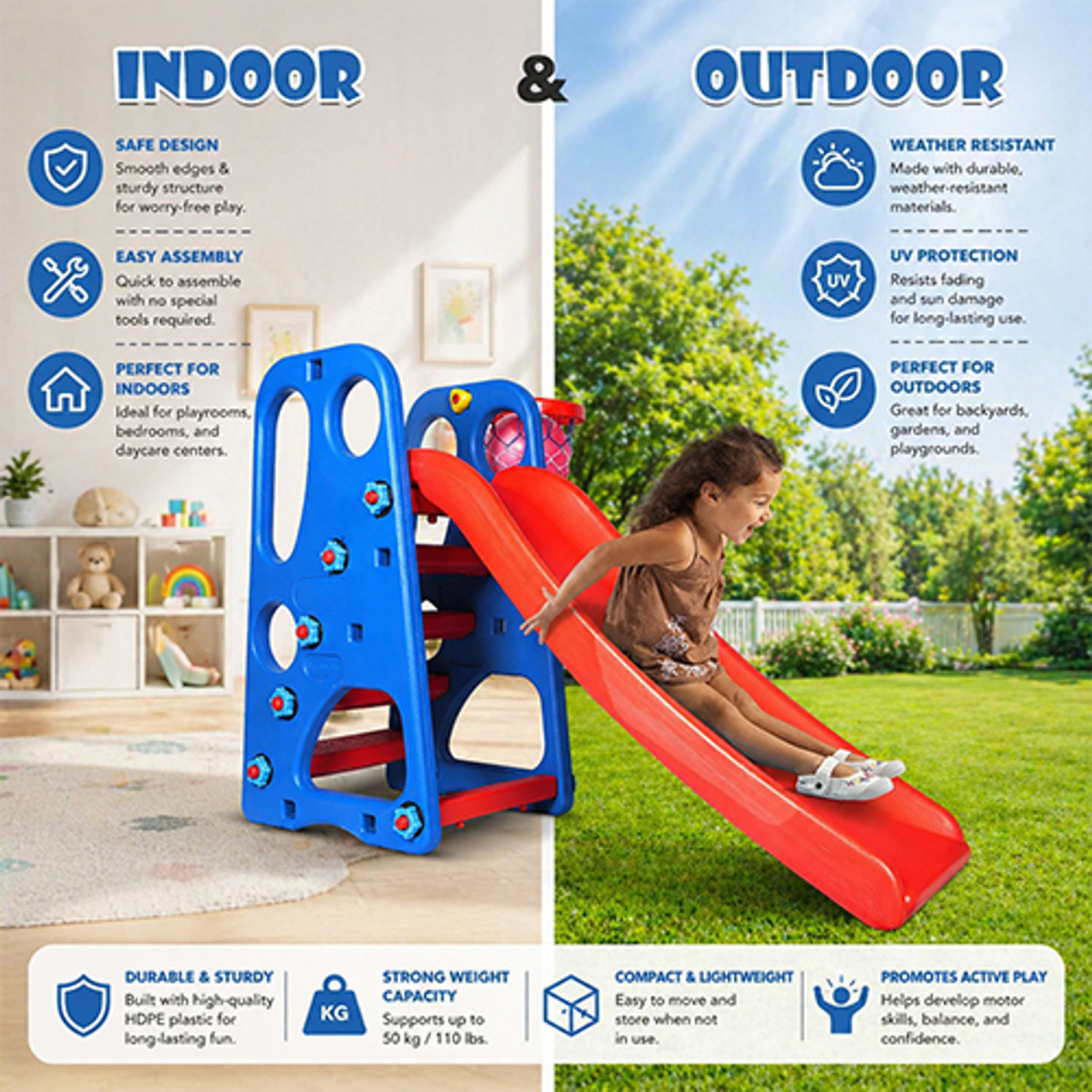 Image of Toy Plus 2 in 1 Foldable Baby Garden Slide Hanging Swing for Kids and One Basketball