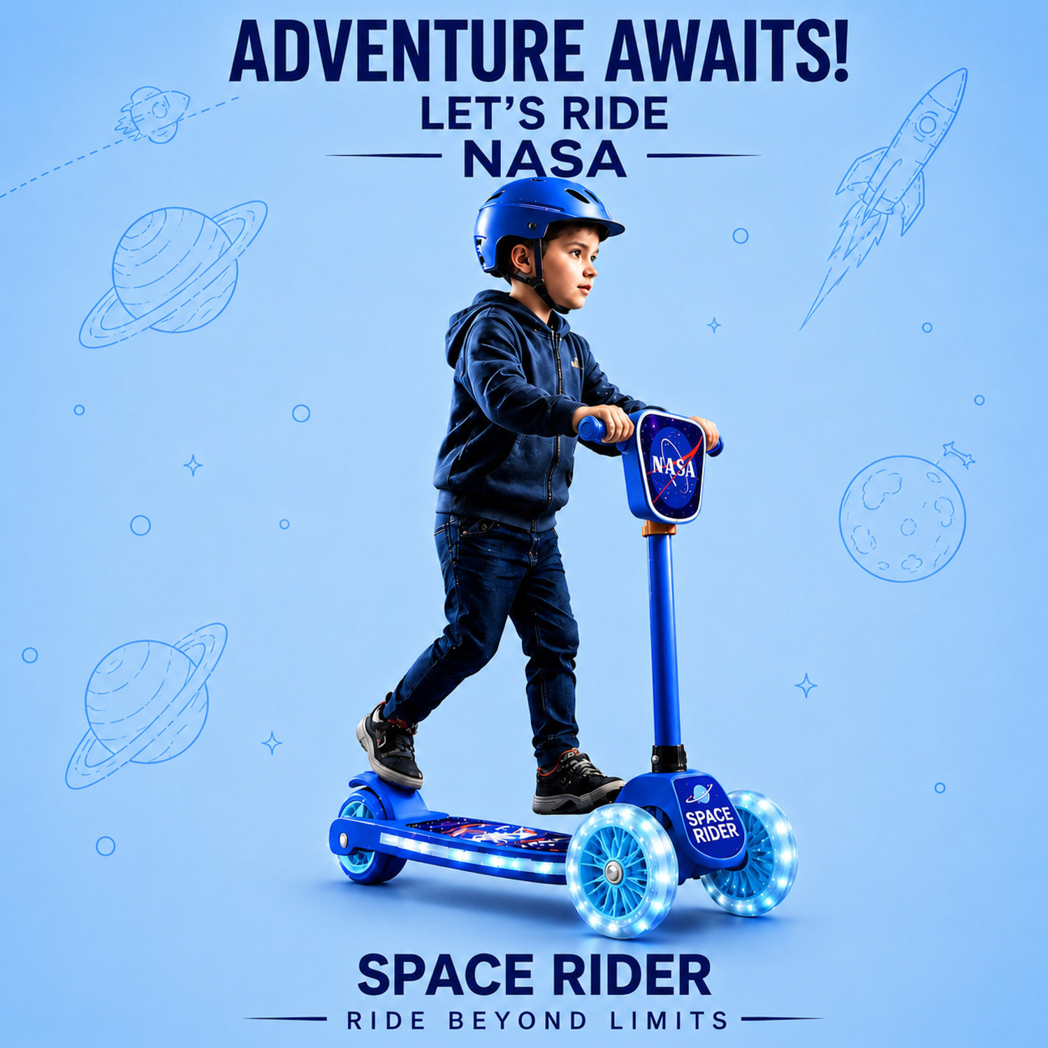 Image of Mamma Love Space Rider Kids 3 Wheel Scooter with Adjustable Height, Age 3-10 Years