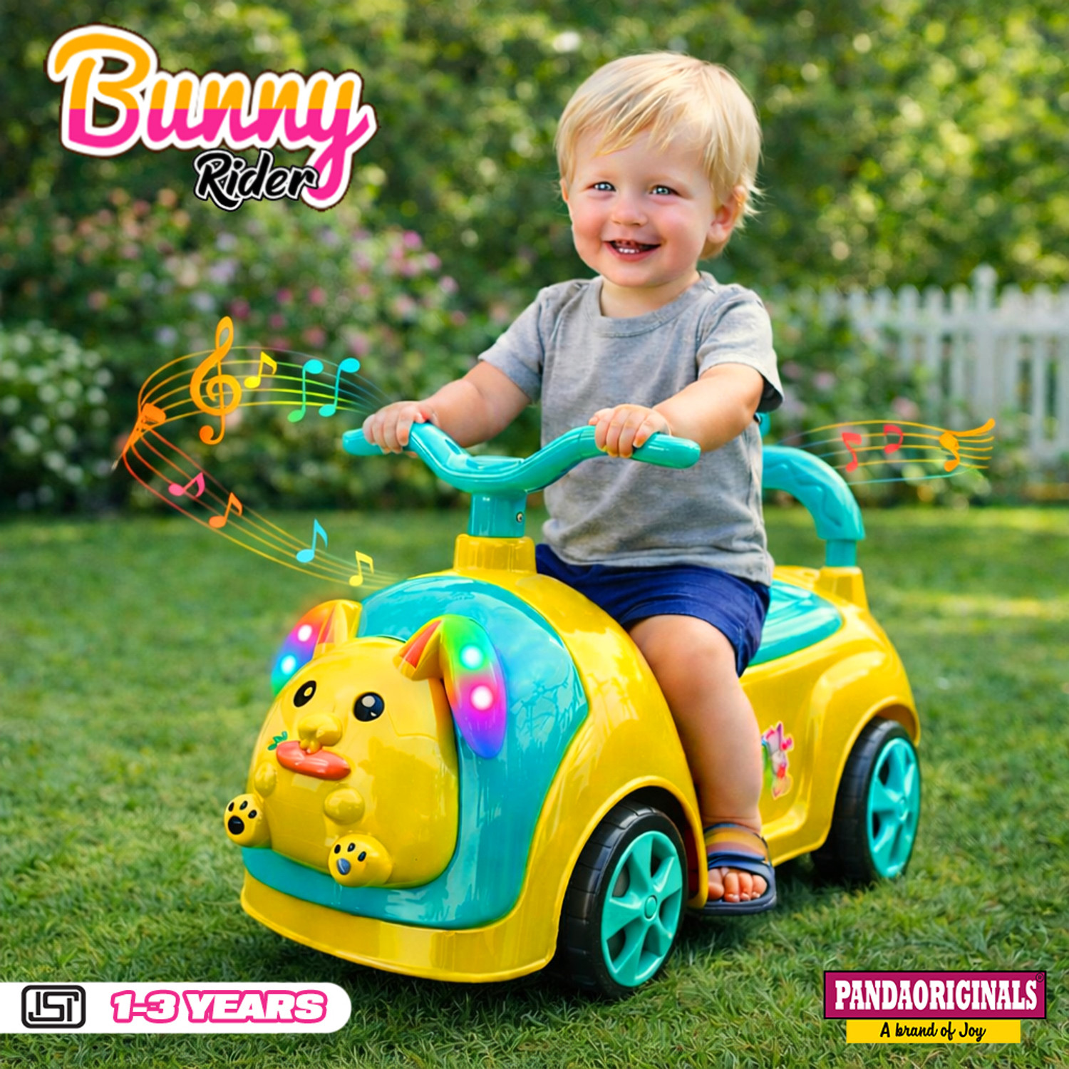 Image of Pandaoriginals Bunny Musical Car with Front Lights, Steering Drive,| 1-3 YRS