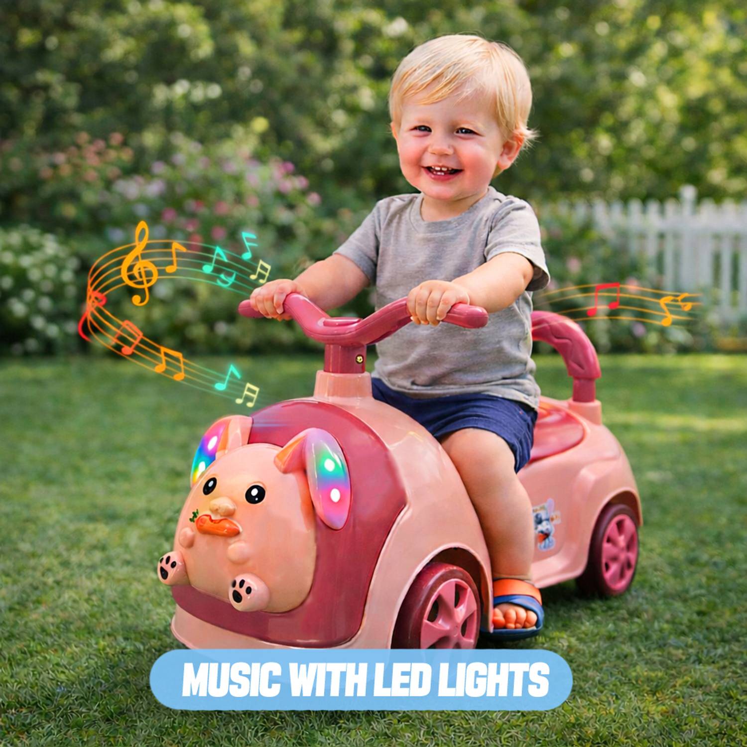 Pandaoriginals Bunny Musical Car with Front Lights, Steering Drive