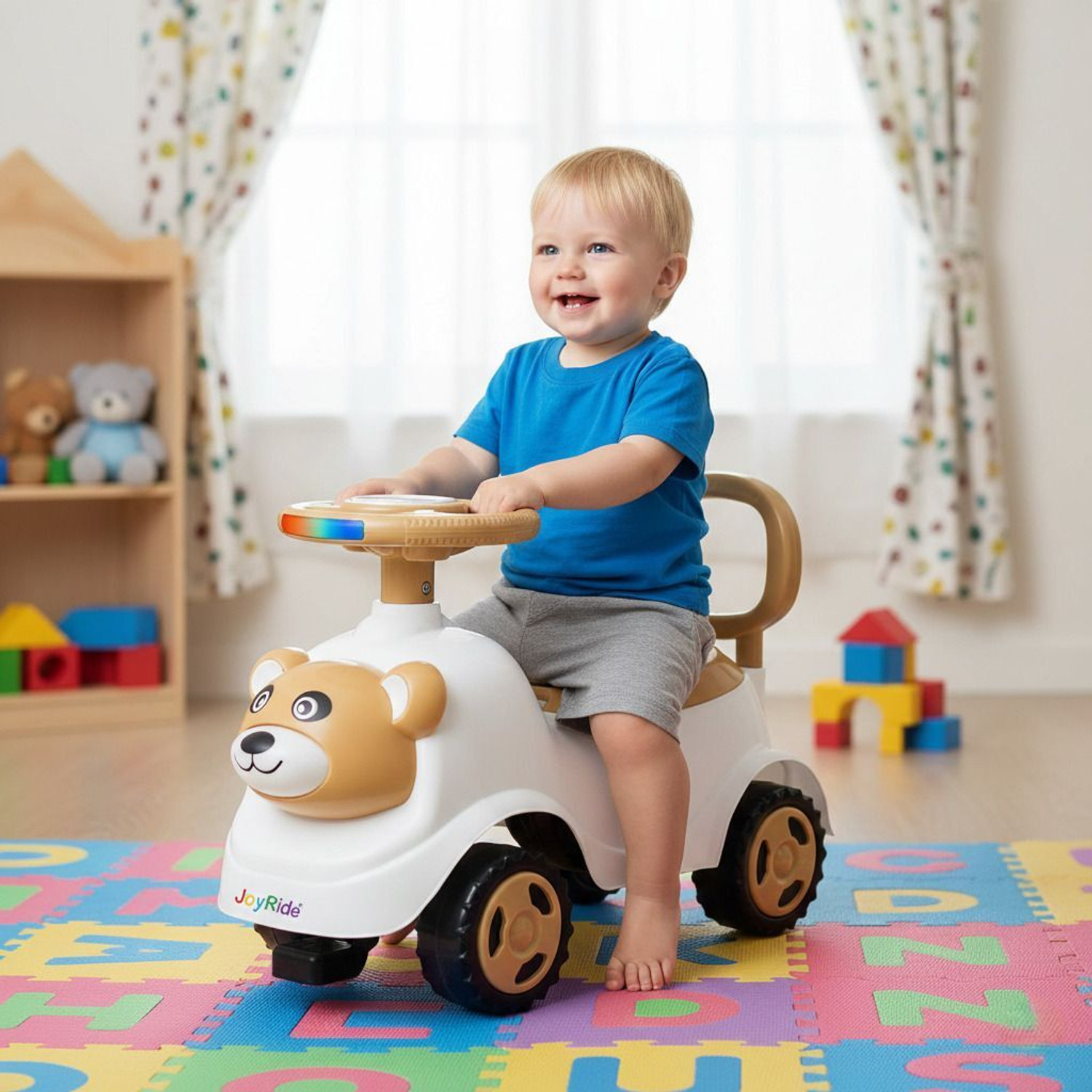 Image of JoyRide Bear Face Ride on for Kids | Music & Horn Push Car for Baby Under Seat Storage