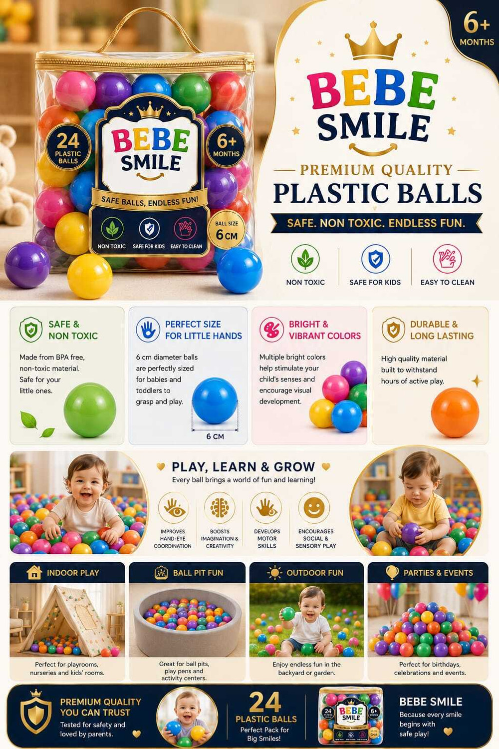 Image of BEBESMILE 24 Pcs of 6 cm Soft Colorfull Plastic Balls and Multicolor Pool Pit Balls Kids