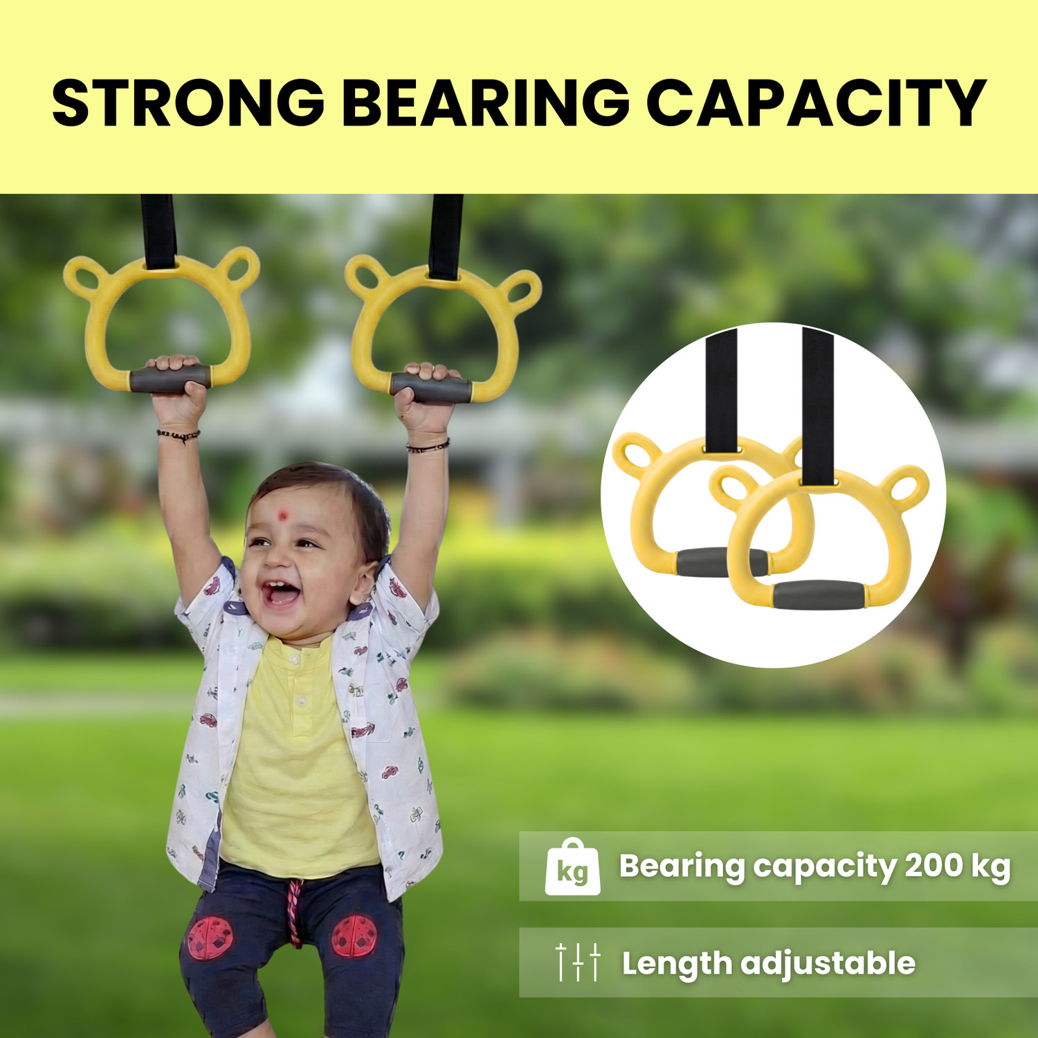 Image of Hi-MaK Kids Gymnastic Rings with 11.5Ft Adjustable Strap Bear Design with Silicone Grip