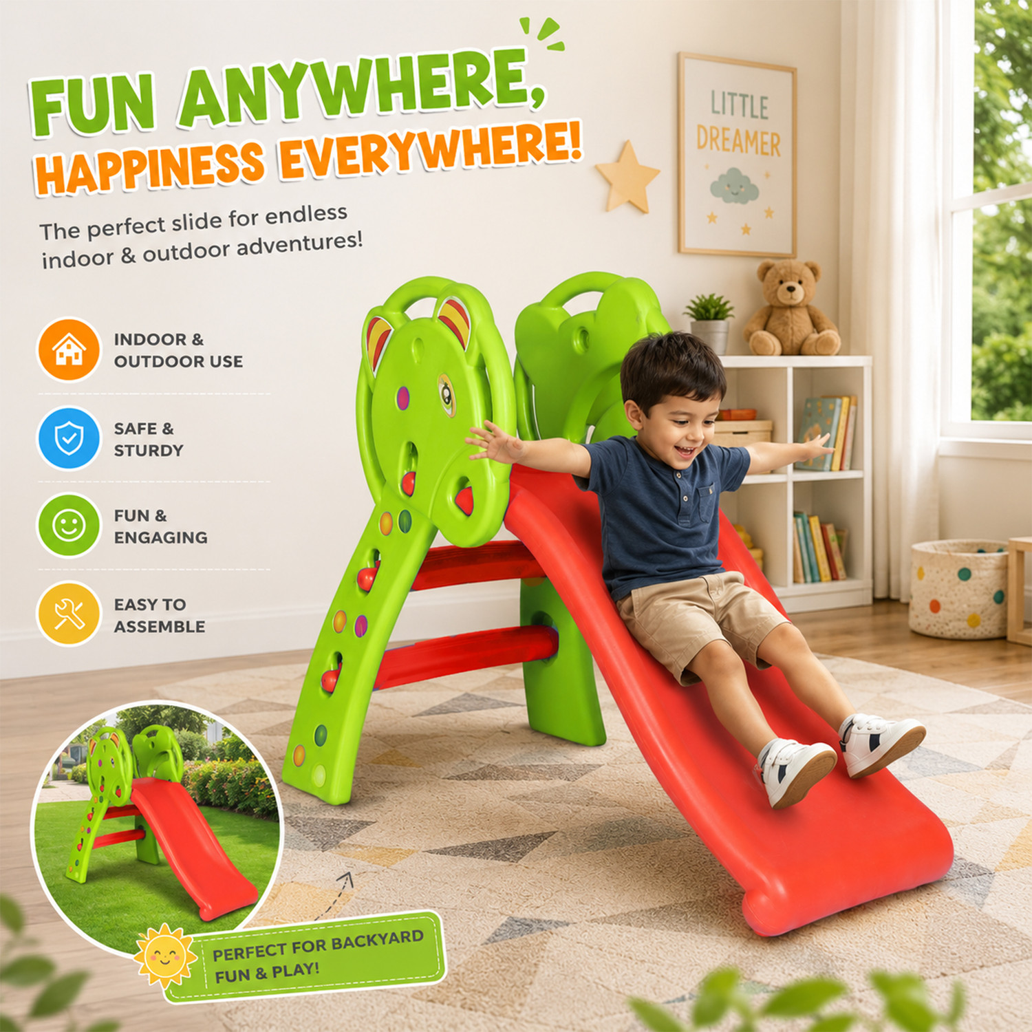 Image of Toy Plus Toddler Folding Slide for Kids Safe Plastic Playground Slide for Home (Green, Red)