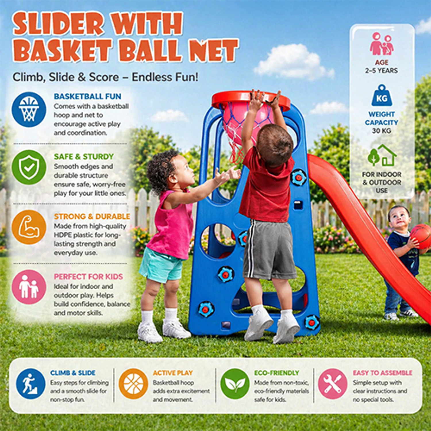 Image of Toy Plus 2 in 1 Foldable Baby Garden Slide Hanging Swing for Kids and One Basketball