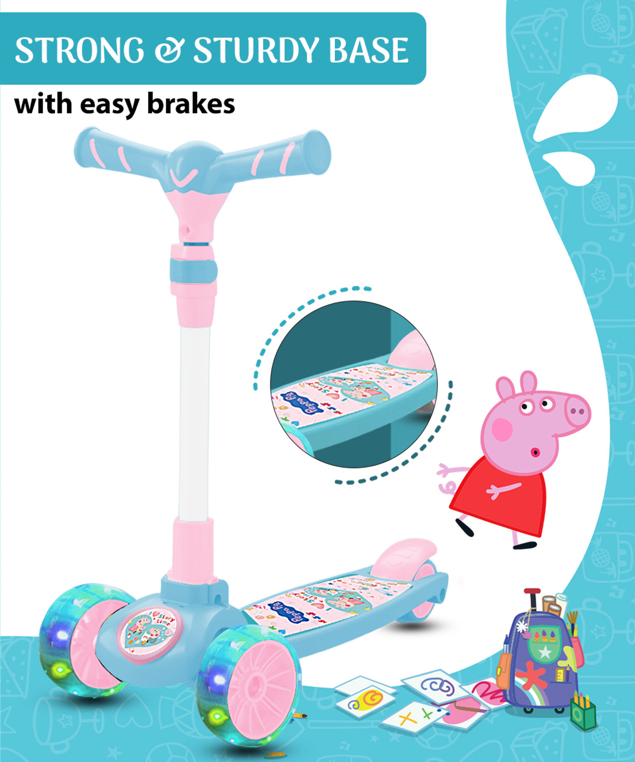 Image of Miss & Chief Spartan Peppa Pig & Family - 3 Wheel Kick Scooter,Foldable with LED Wheels (Blue)