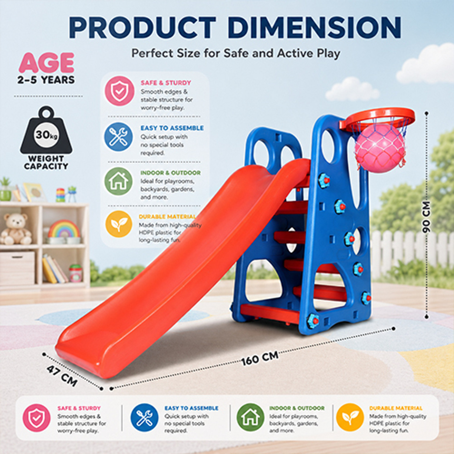 Image of Toy Plus 2 in 1 Foldable Baby Garden Slide Hanging Swing for Kids and One Basketball