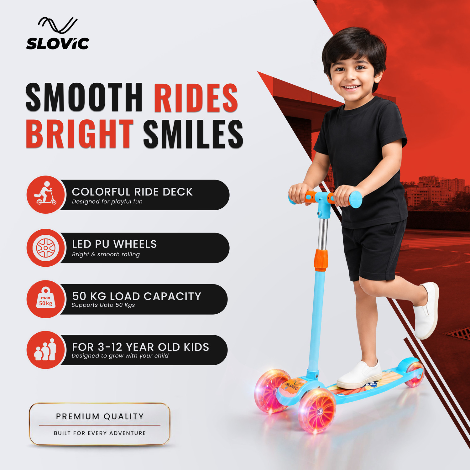 Image of SLOVIC Kick Scooter For Kids 3+ Years with Adjustable Height | Lightweight & LED Weel Kids Scooter