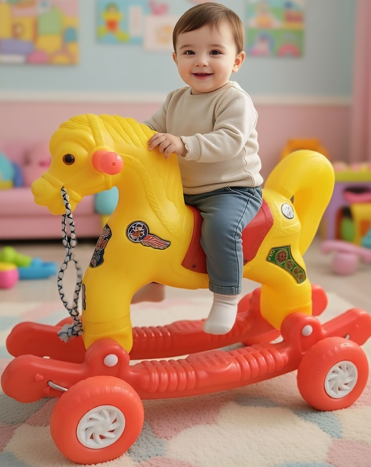 Image of oh baby New Chetak 2-in-1 Ride-On & Rocker Horse Toy for Kids | Non-Battery Operated