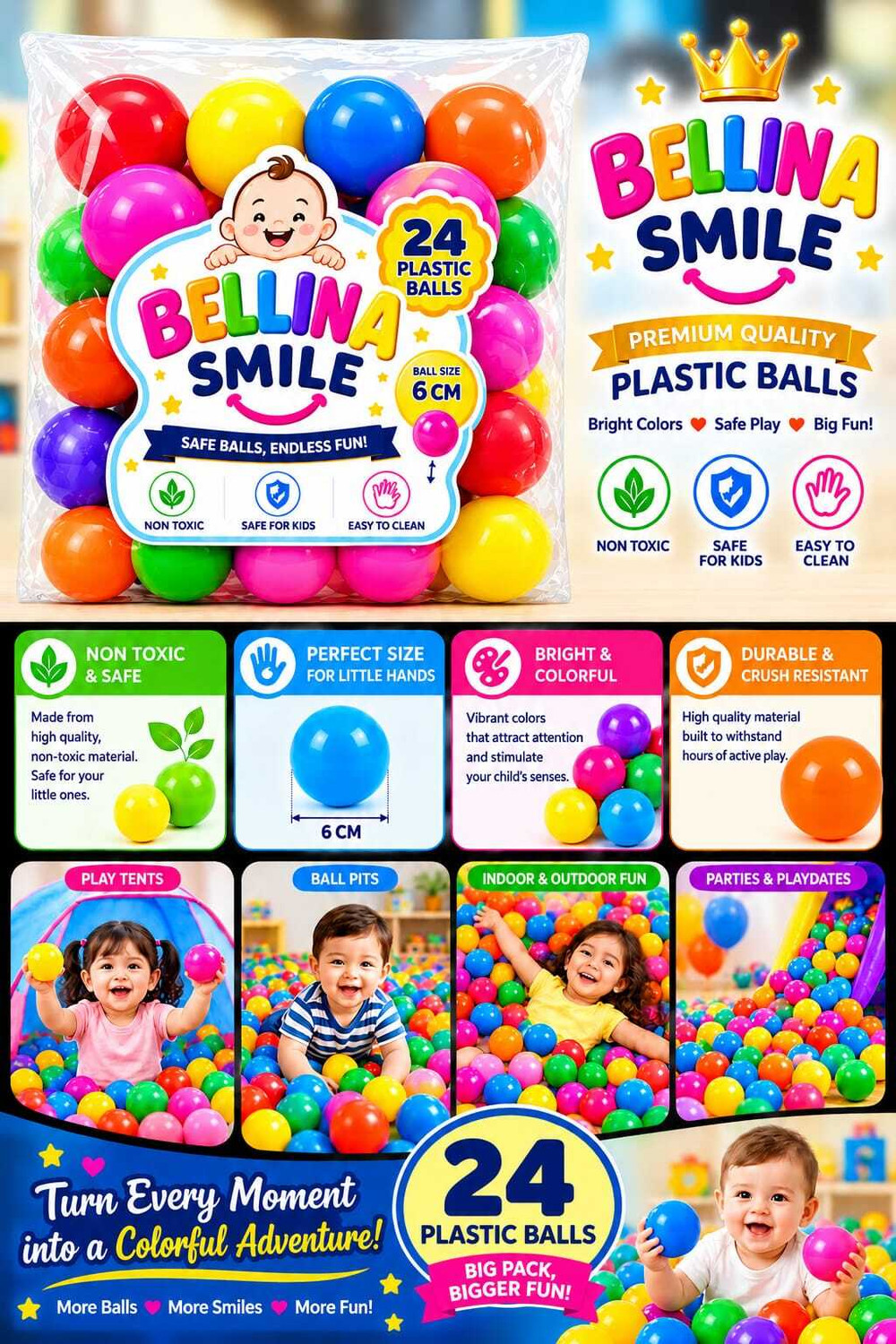 Image of Bellinasmile pool pit ocean soft balls 6 cm pack of 24 balls