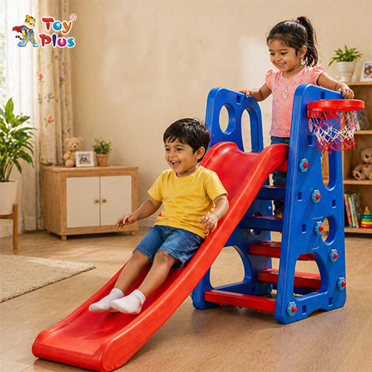 Image of Toy Plus 2 in 1 Foldable Baby Garden Slide Hanging Swing for Kids and One Basketball