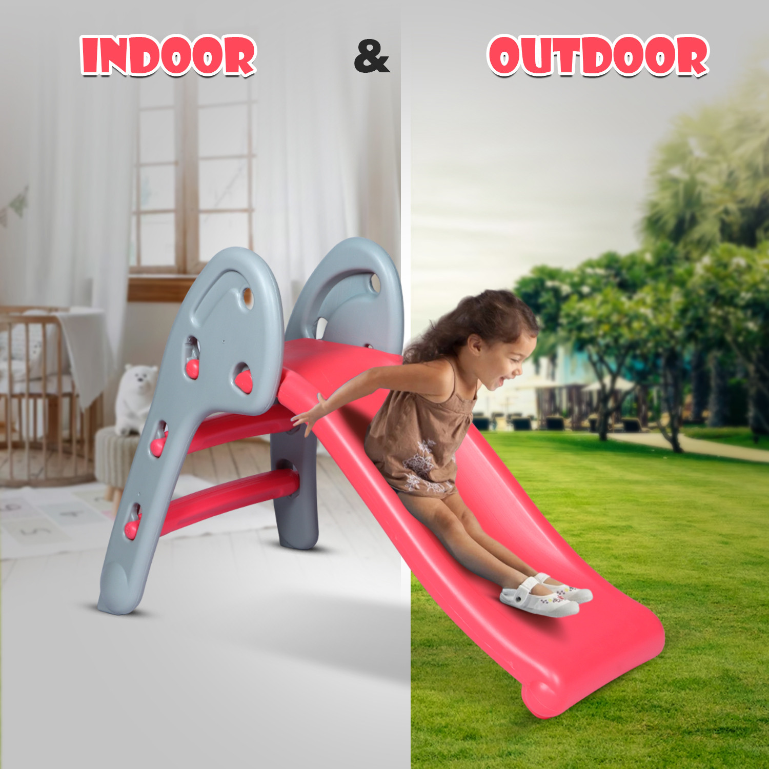 Image of Toy Plus Freestanding Foldable Slides for Kids, (24 Months+) Grey & Red