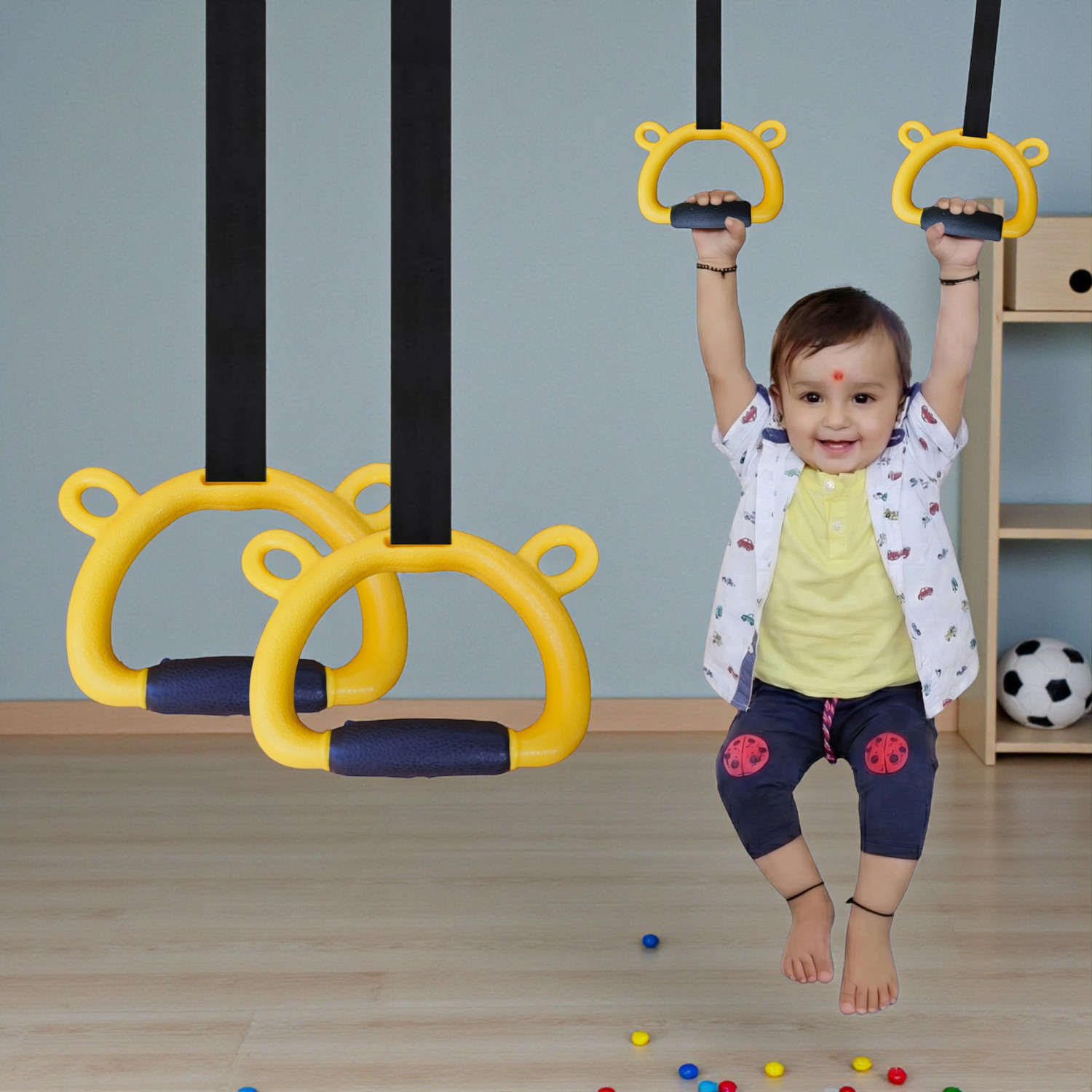 Image of Hi-MaK Kids Gymnastic Rings with 11.5Ft Adjustable Strap Bear Design with Silicone Grip