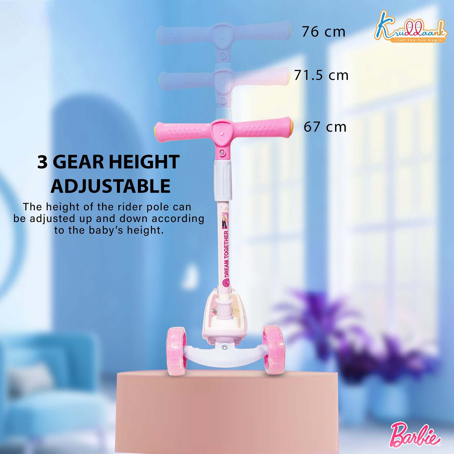 Image of Kriiddaank Barbie Adventure 3-Wheel Kick Scooter for Kids- LED Light Up Wheels, Music