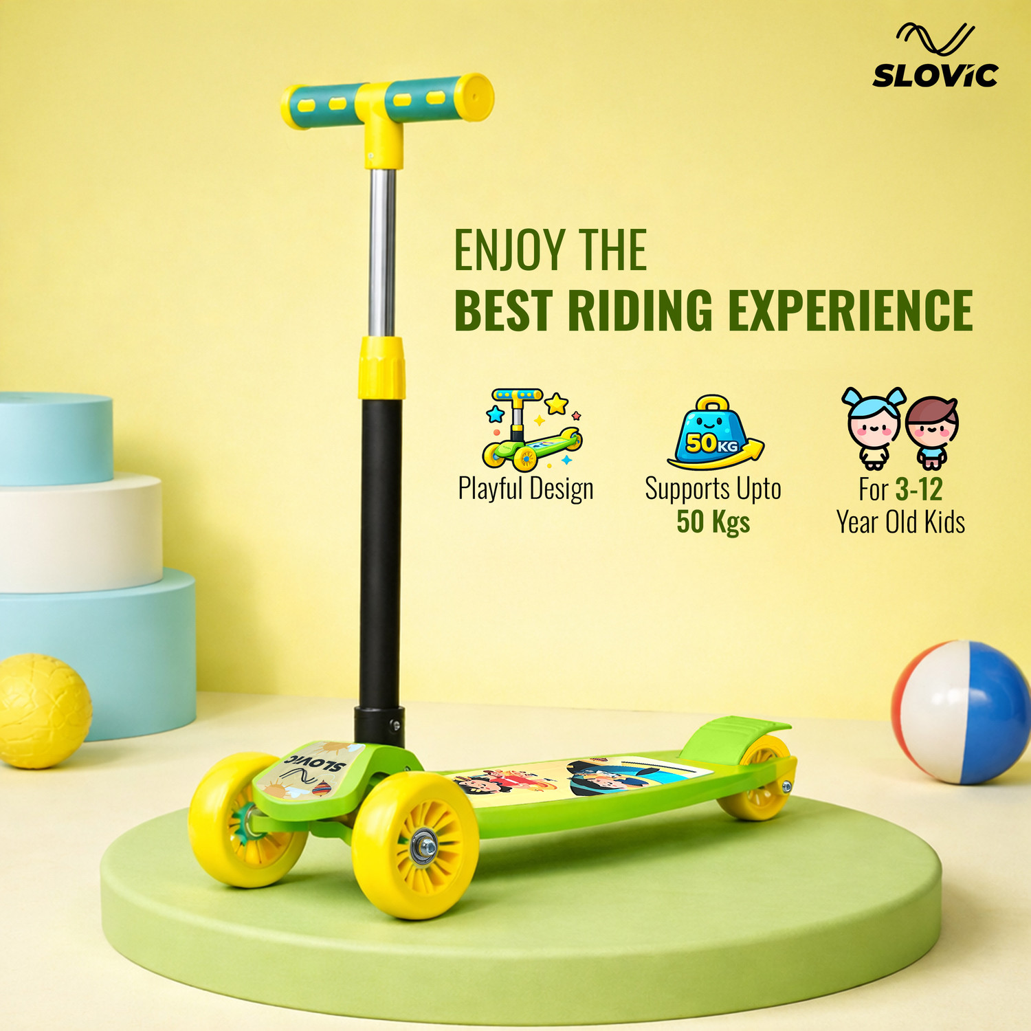 Image of SLOVIC Kick Scooter For Kids 3+ Years with Adjustable Handle Height Lightweight Kids Scooter