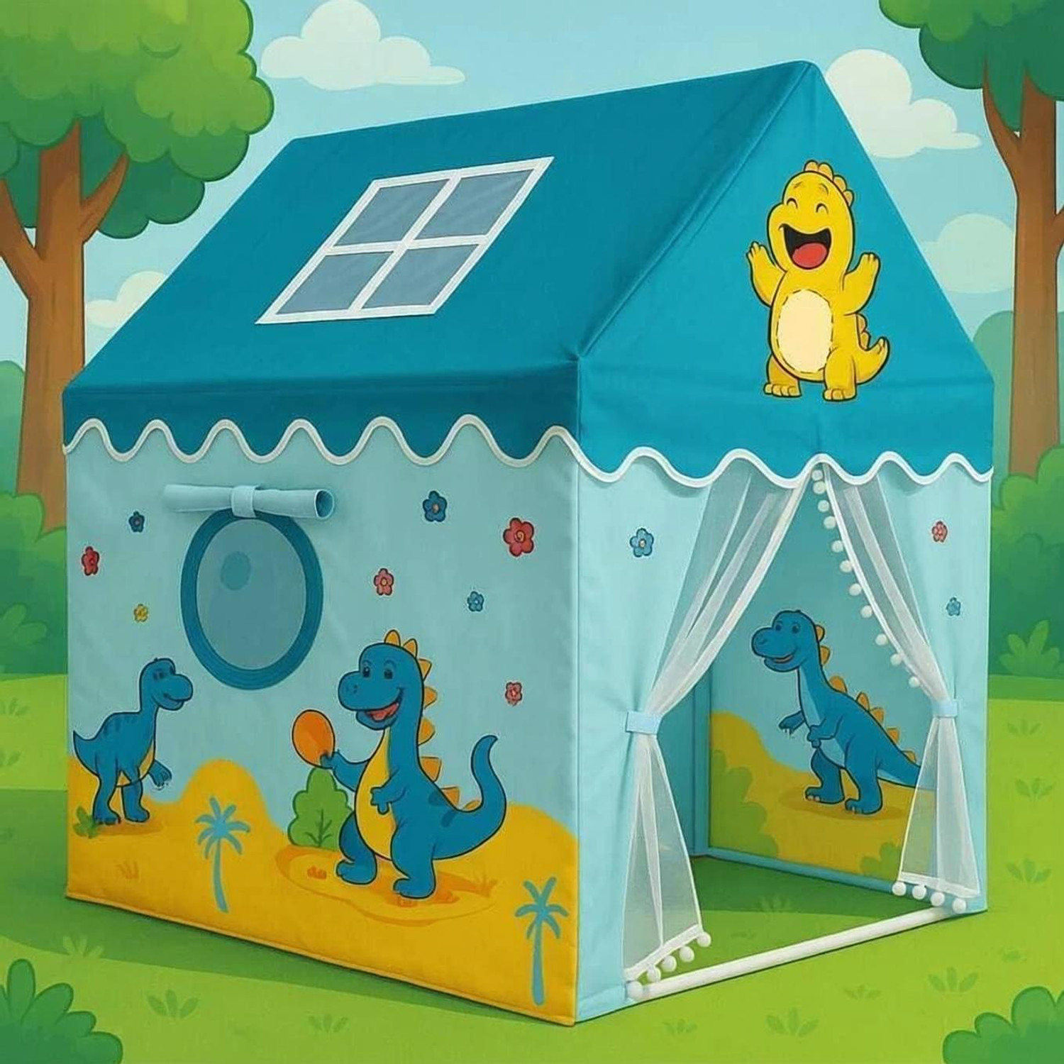 krisha enterprise DINOSAURS Light Weight Kids Play Tent House for 3 to 10 Years Old (Blue)