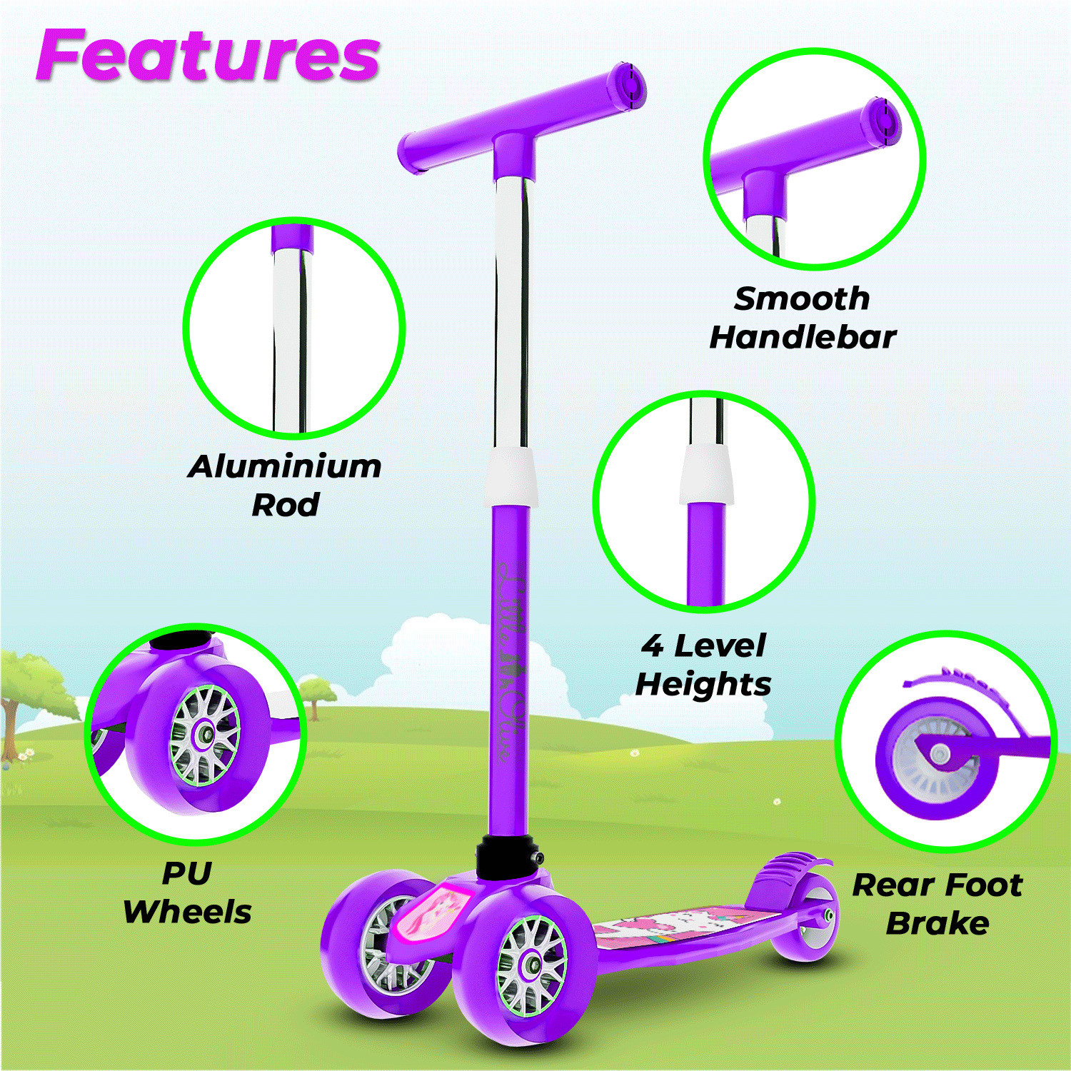 Image of Little Olive Tikes Adjustable Scooter with Wide Brakes for Kids, Lightweight, Foldable