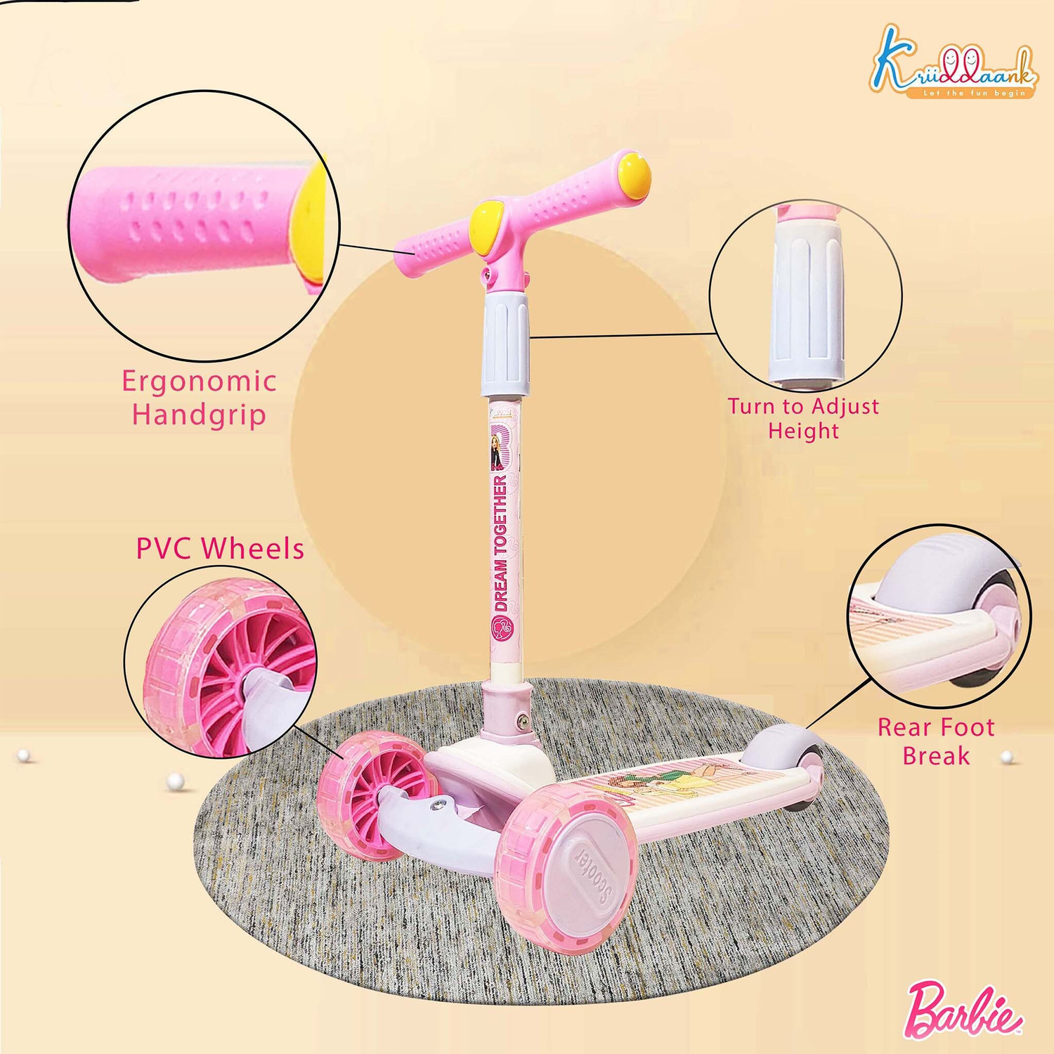 Image of Kriiddaank Barbie Adventure 3-Wheel Kick Scooter for Kids- LED Light Up Wheels, Music