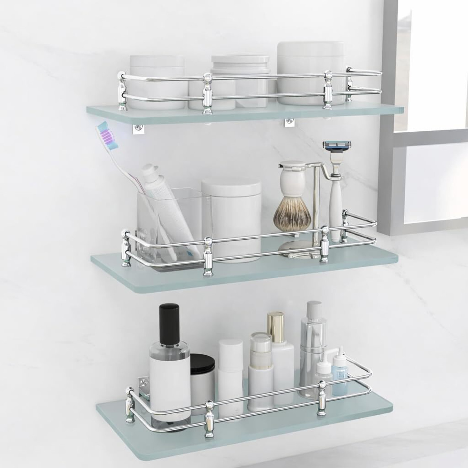 Image of Flipkart SmartBuy Multipurpose Wall Hung Glass Front Shelf, 12x6 -inch (Frosted) Pack of 3 Glass Wall Shelf (Number of Shelves - 3, White)