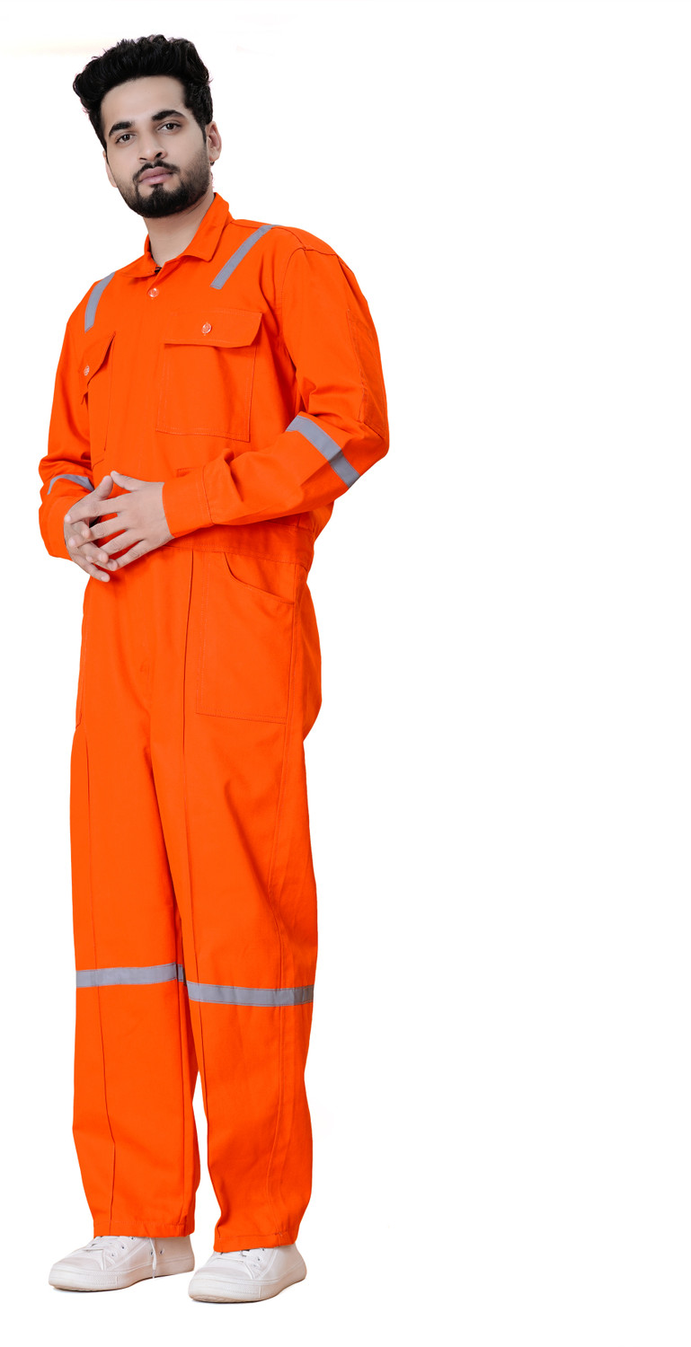 Image of KrishKand Men's Terry Cotton Boiler Suit with Reflective Tape Paint Coverall (ORANGE)-M Paint Coverall