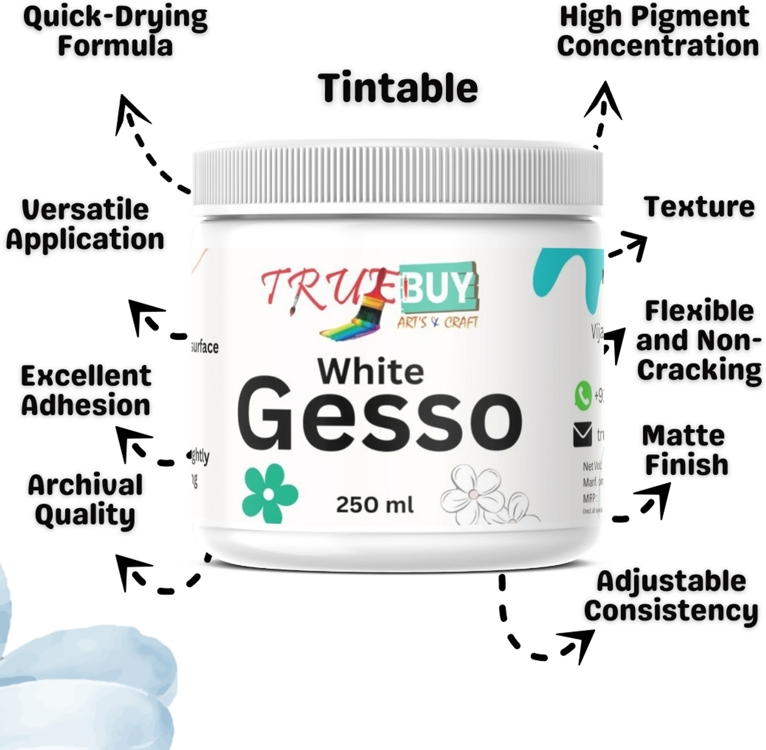 Image of TrueBuy White Gesso 250 ml | Premium Acrylic Primer for Canvas, Wood & Art Surfaces
