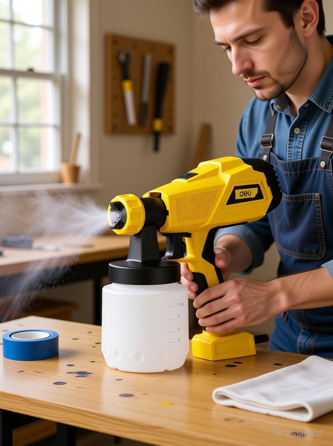 Image of Deli 450W Electric Paint Sprayer Gun with Measuring Cup 800 ml Capacity 700 ml /RPM High-Pressure Spraying Machine for Painting Cars, Wood, Furniture HVLP Sprayer