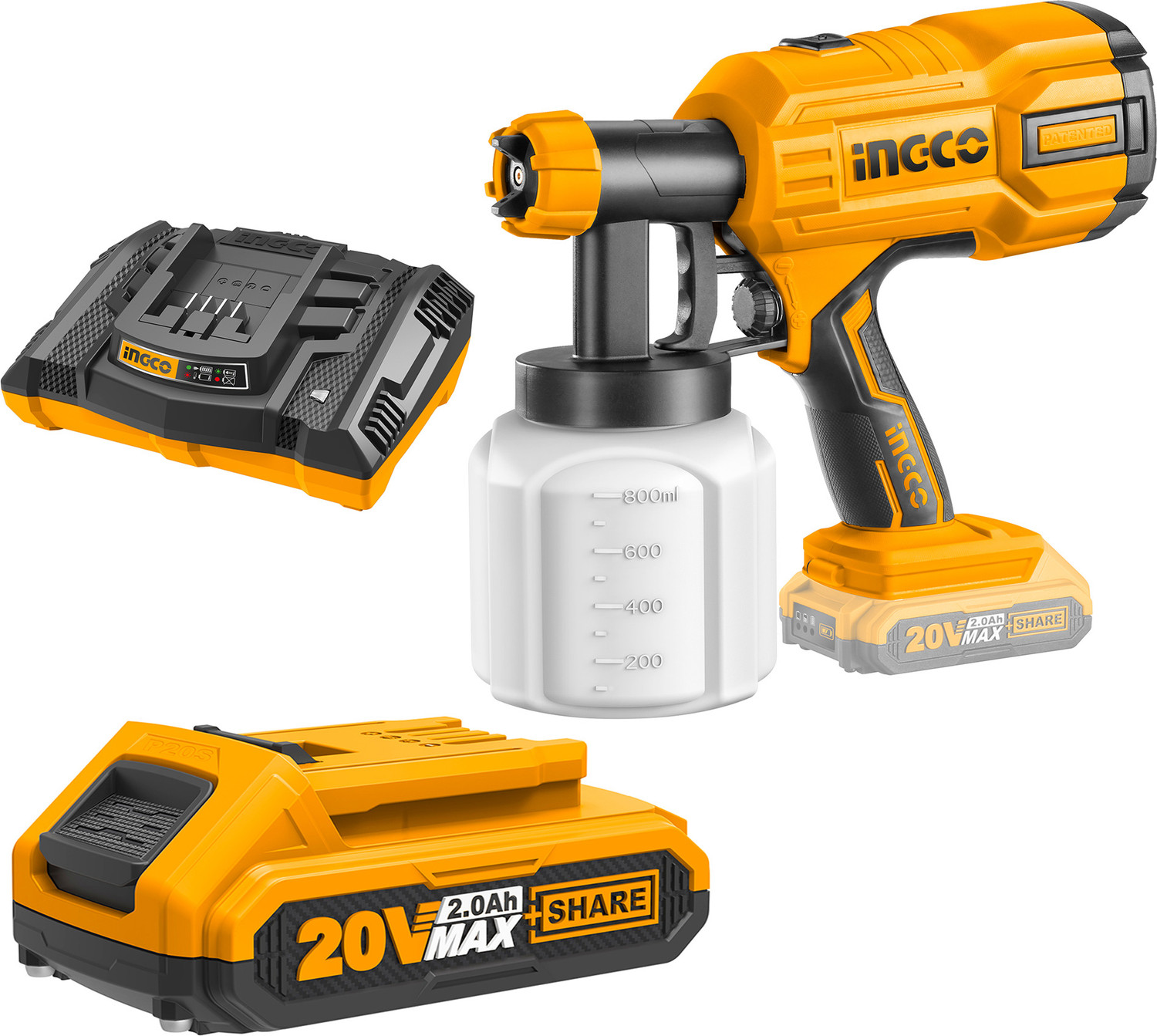 Image of INGCO 800ml | 40DIN-s Cordless Spray Gun with 1 pcs 2.0Ah battery and 1 pcs charger HVLP Sprayer