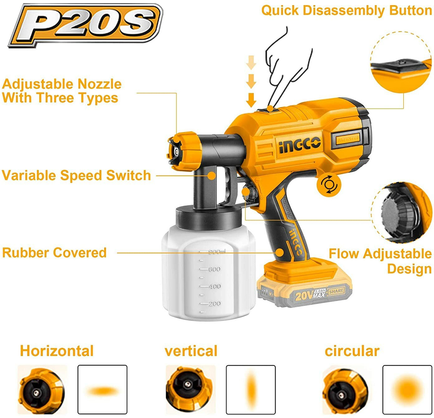 Image of INGCO 800ml | 40DIN-s Cordless Spray Gun with 1 pcs 2.0Ah battery and 1 pcs charger HVLP Sprayer