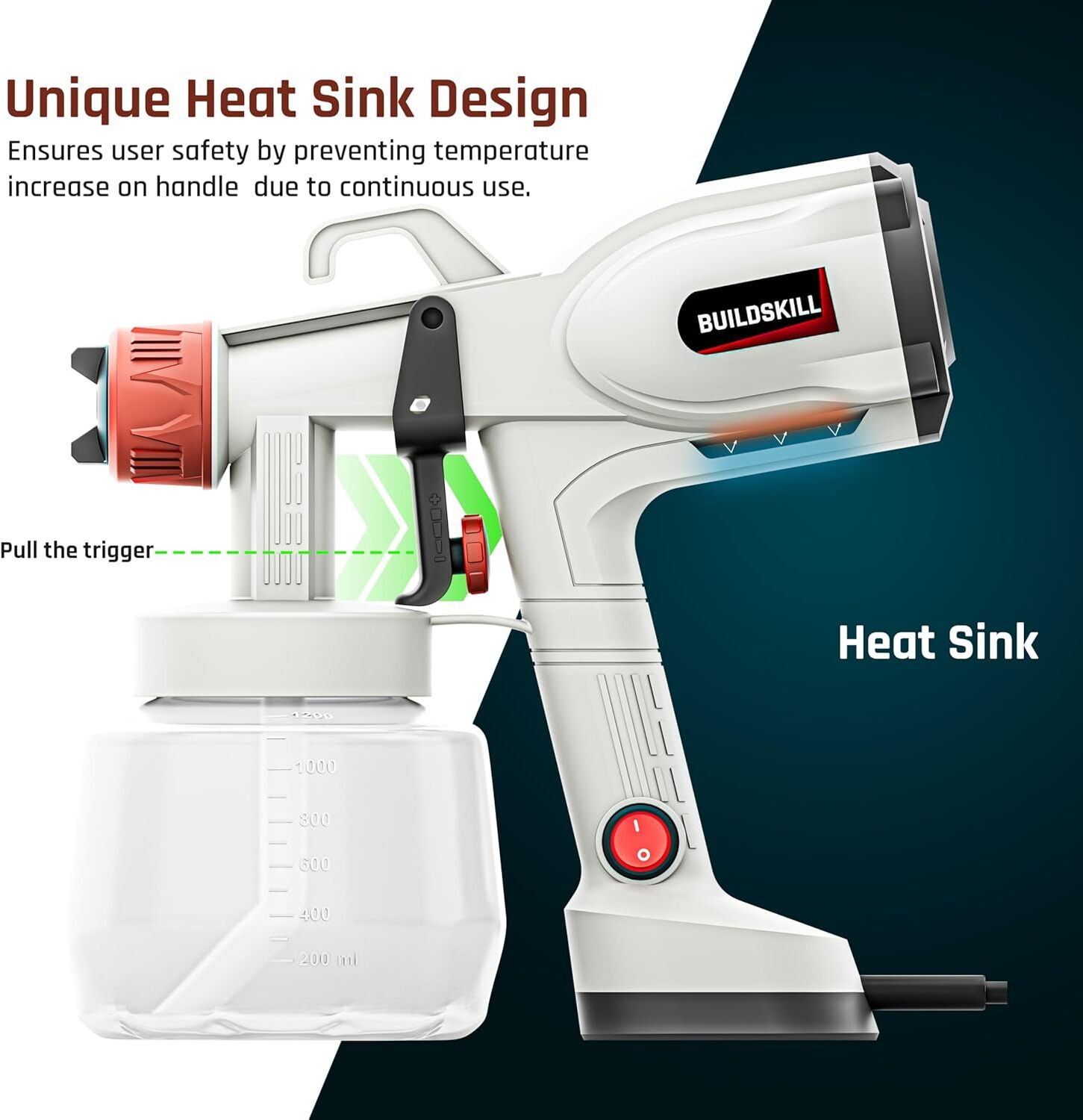 Image of BUILDSKILL 1200ML Paint Sprayer | 5 Nozzles | 400W Copper Motor | 38000RPM No Load Speed BPS2500 HVLP Sprayer