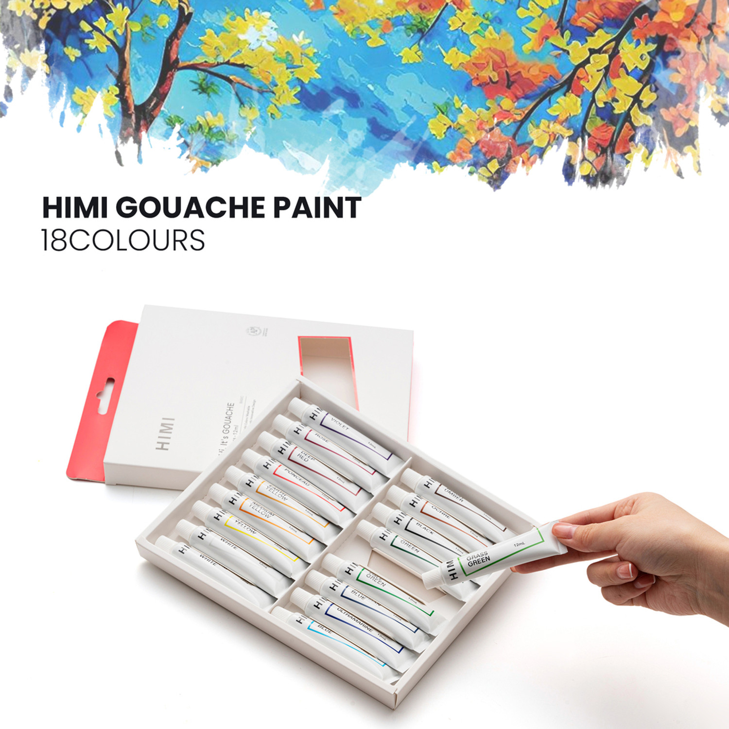 Image of thoovi HIMI - Gouache Paint - 12 ml tubes - New Gen - Yellow cover (12 ml x 18 colours)