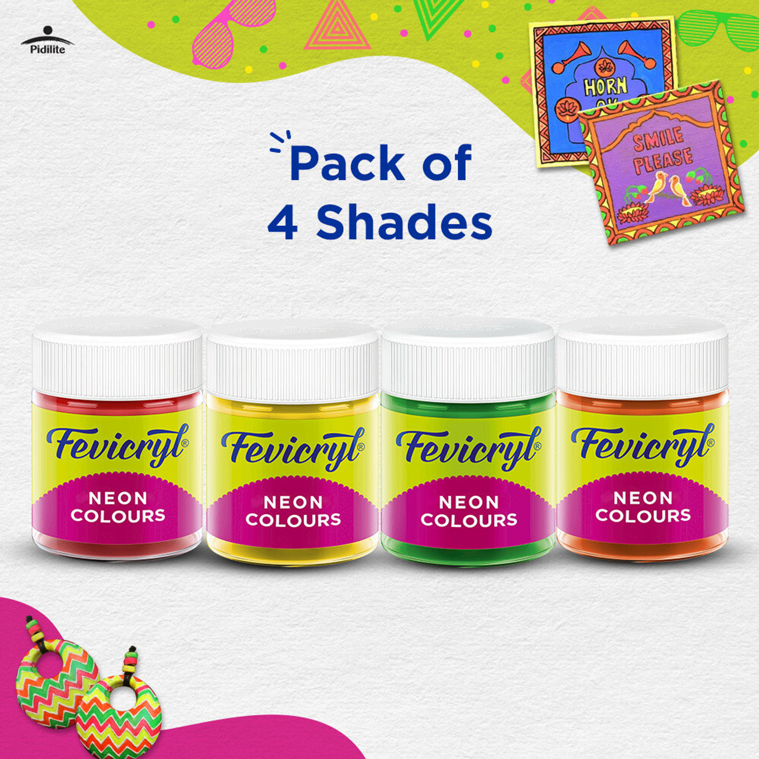 Image of Fevicryl Neon Acrylic Colour Kit, Neon Paints (4 Shades, 15ml)