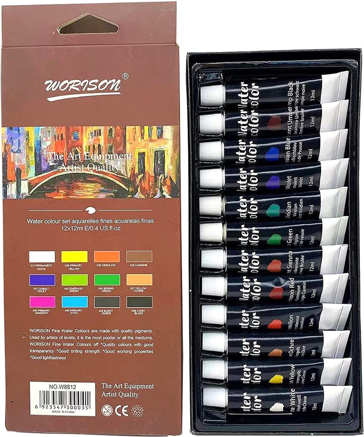 Image of Pehrovin Water Colour Paints (12 tubes of 12 ml each) for painting on paper, canvas