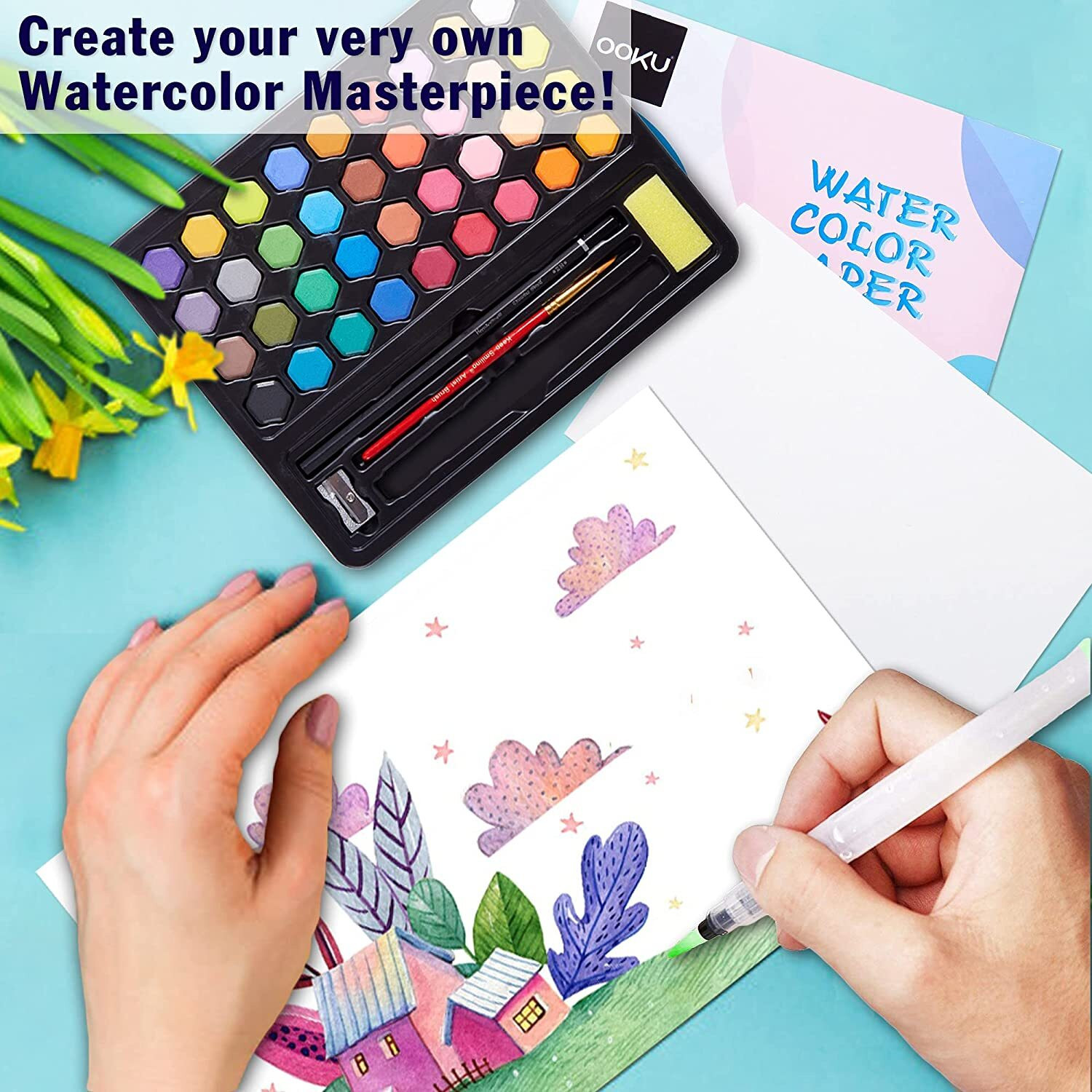 Image of PEACORA Water color Paint Set of 36 Pcs Water Brush Pen Set Solid Watercolor Paints