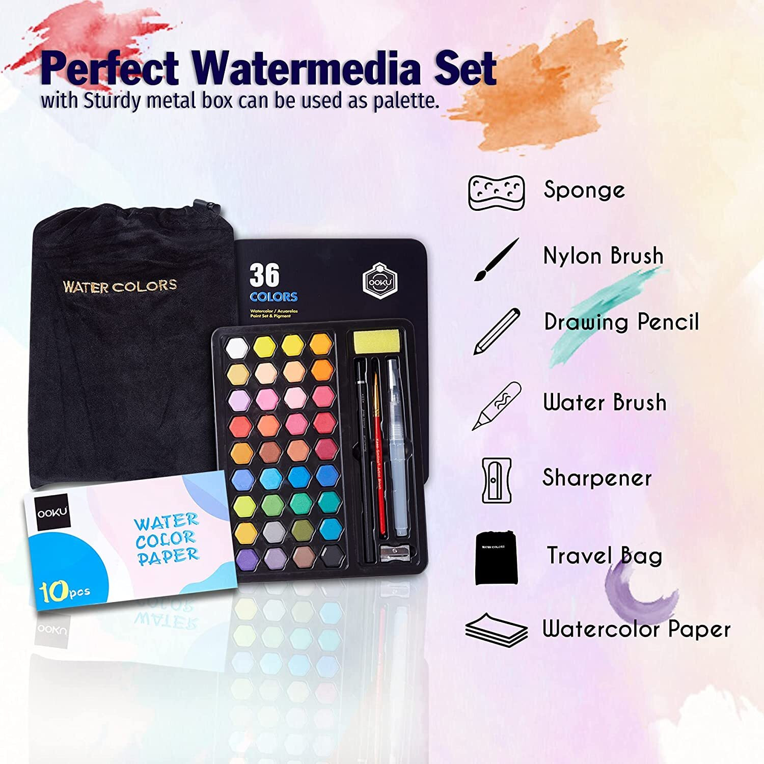 Image of PEACORA Water color Paint Set of 36 Pcs Water Brush Pen Set Solid Watercolor Paints