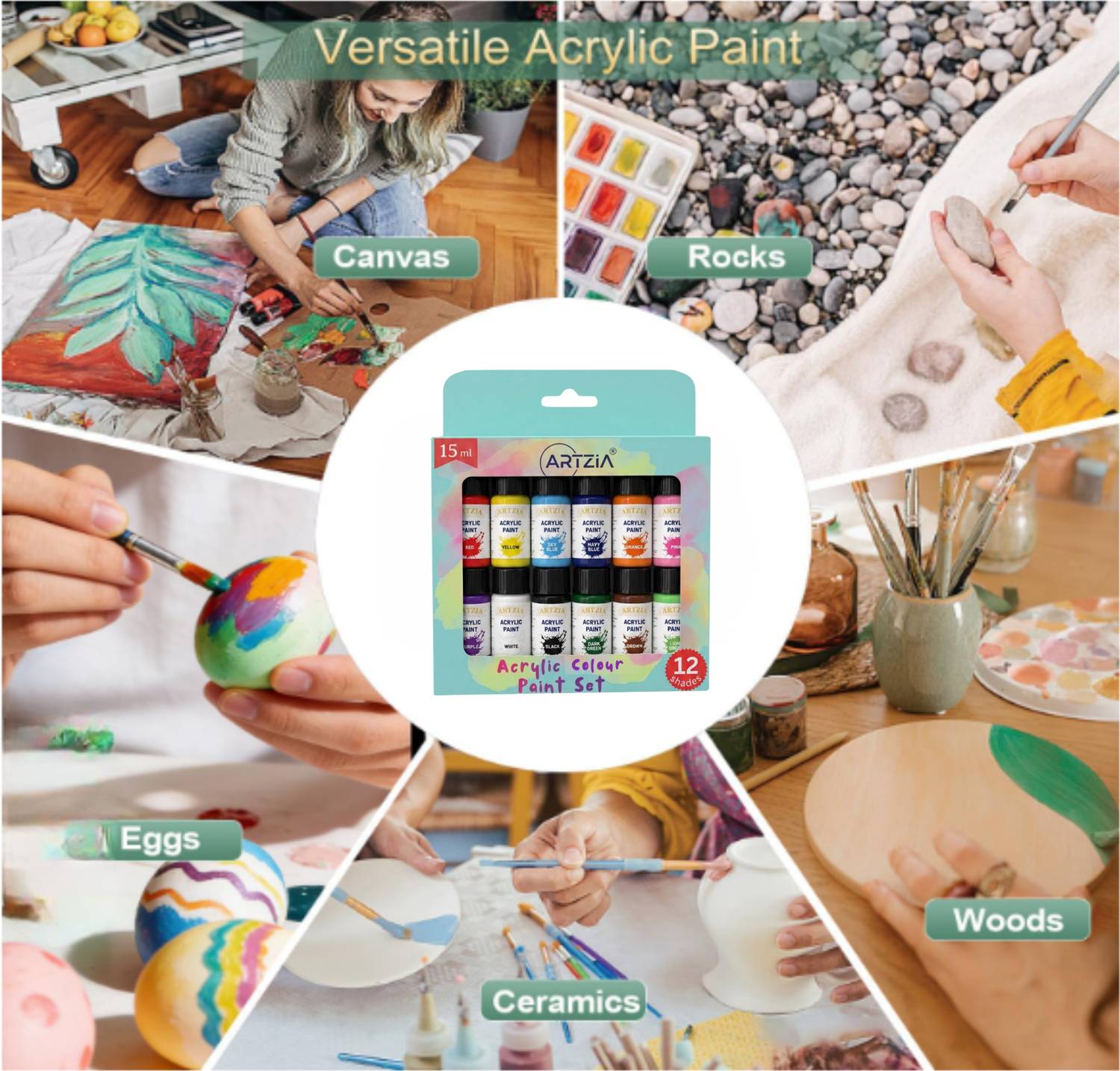 ARTZIA Acrylic Colors 12x180ml with 5 Brushes Pack of 12 - Image 3
