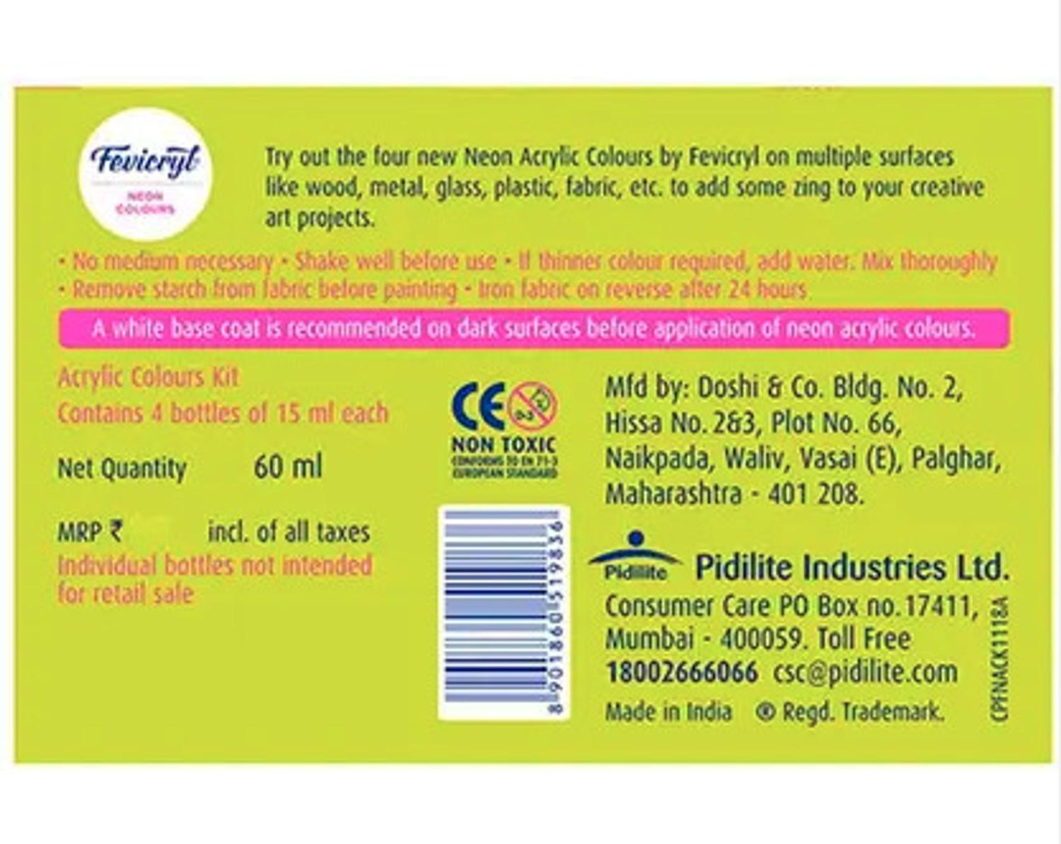 Image of Fevicryl Neon Acrylic Colour Kit, Neon Paints (4 Shades, 15ml)