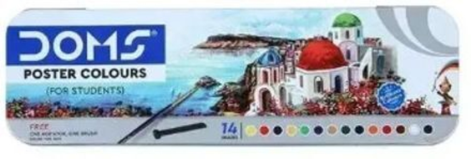 Image of DOMS 12 Assorted Shades Poster Colour Set with Dual Paint Brush in Tin Box