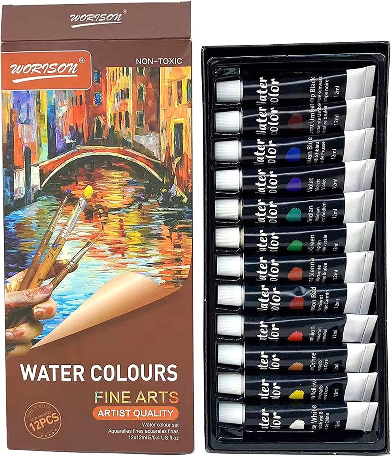 Image of Pehrovin Water Colour Paints (12 tubes of 12 ml each) for painting on paper, canvas