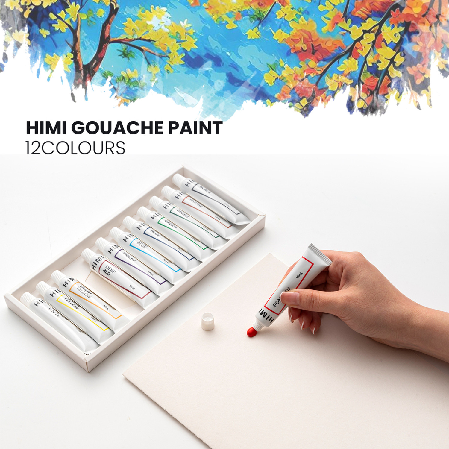Image of thoovi HIMI - Gouache Paint - 12 ml tubes - New Gen - Yellow cover (12 ml x 12 colours)