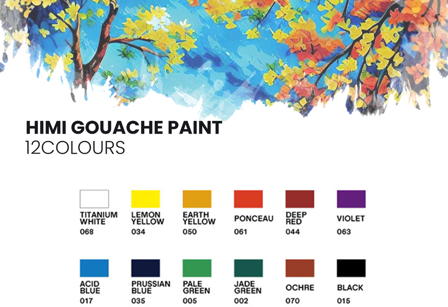 Image of thoovi HIMI - Gouache Paint - 12 ml tubes - New Gen - Yellow cover (12 ml x 12 colours)