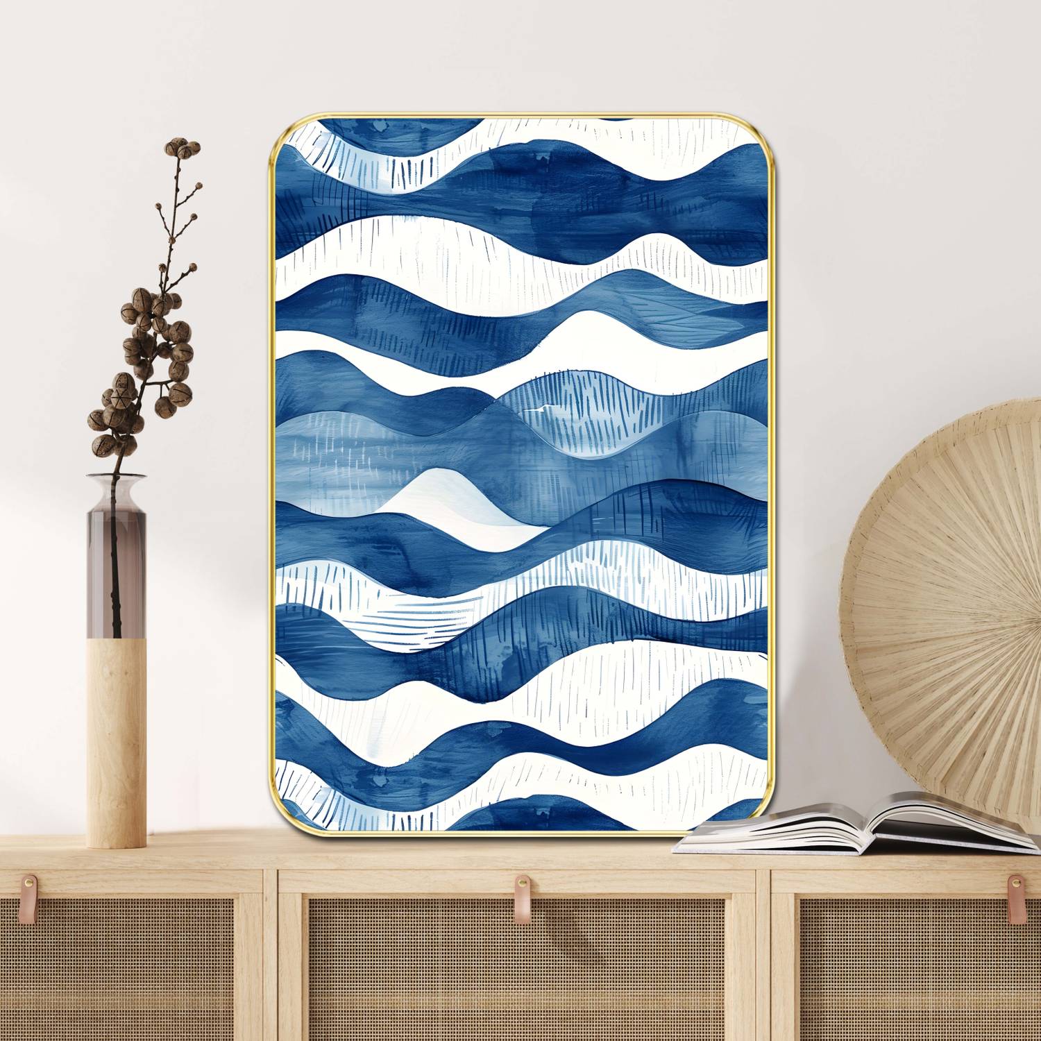 saf Abstract Ocean Wave Wall Art with Golden Frame Digital Reprint