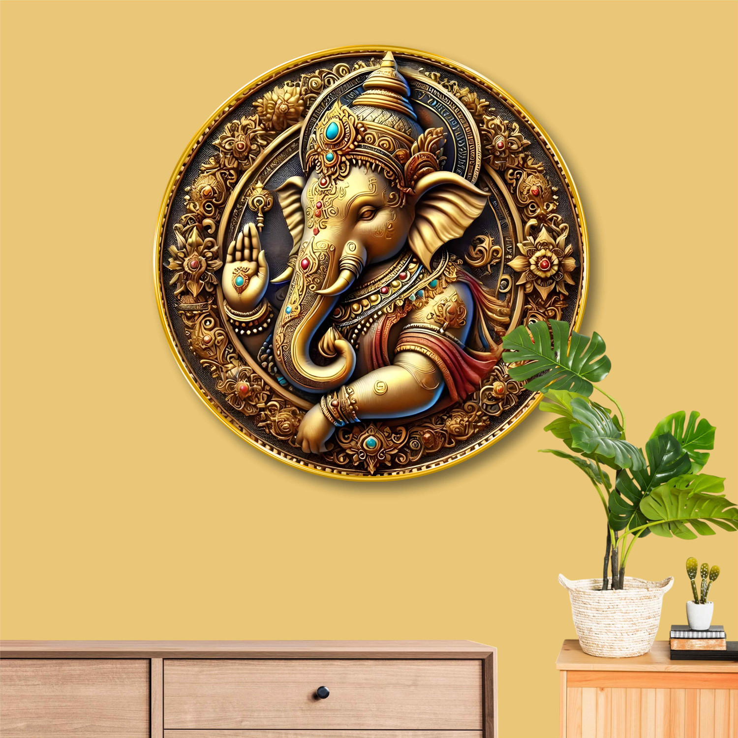 Image of saf Golden Lord Ganesha 3D Round Wall Art for Home & Spiritual Decor Digital Reprint 20 inch x 20 inch Painting