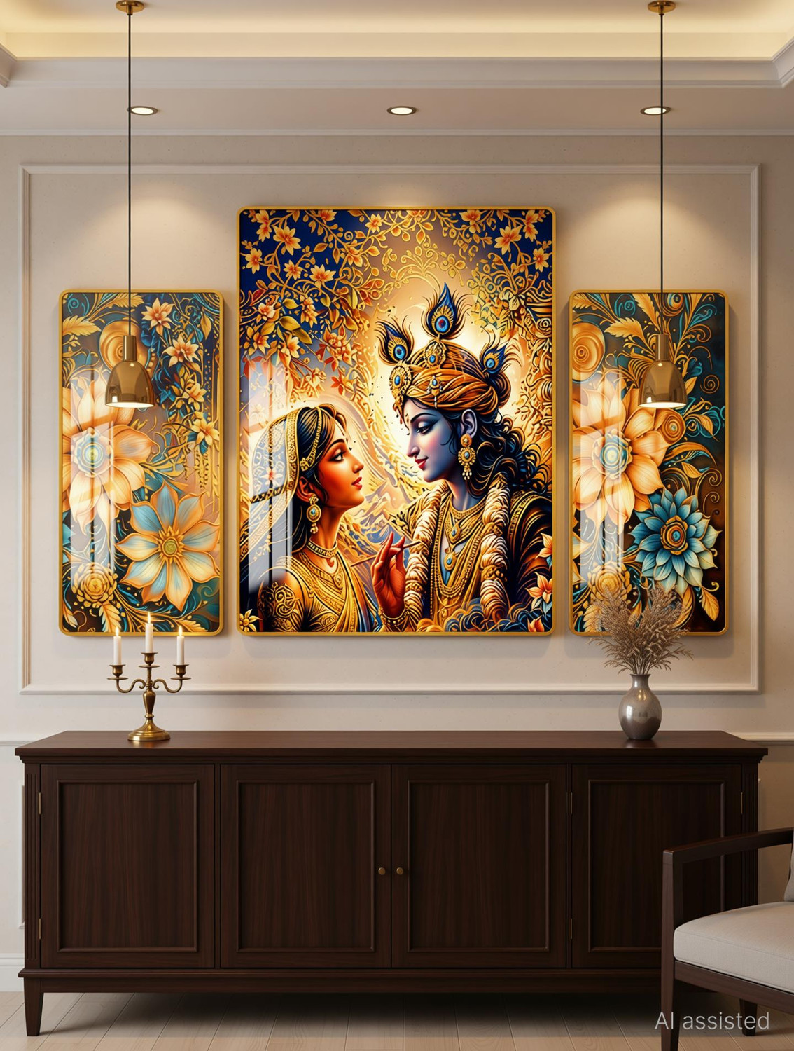Image of WALLMAX Set of 3 Premium Radha Krishna Crystal Wall Painting Home Decorative Gift Item Resin Painting 16 inch x 32 inch Painting