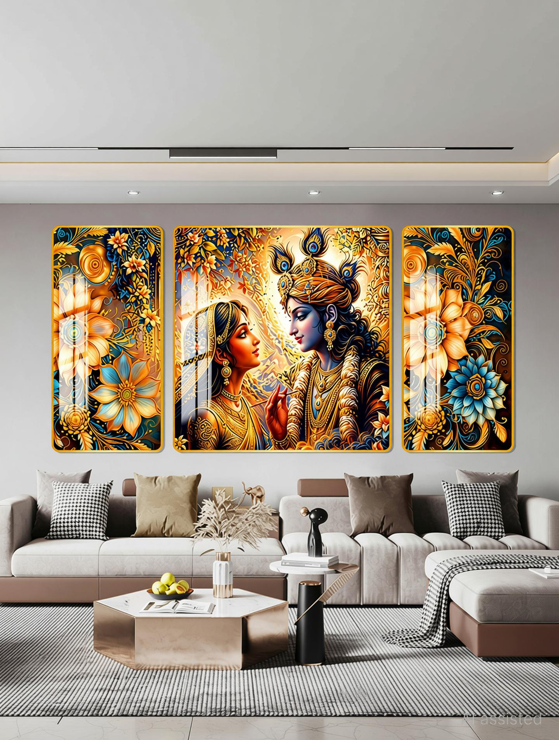 Image of WALLMAX Set of 3 Premium Radha Krishna Crystal Wall Painting Home Decorative Gift Item Resin Painting 16 inch x 32 inch Painting