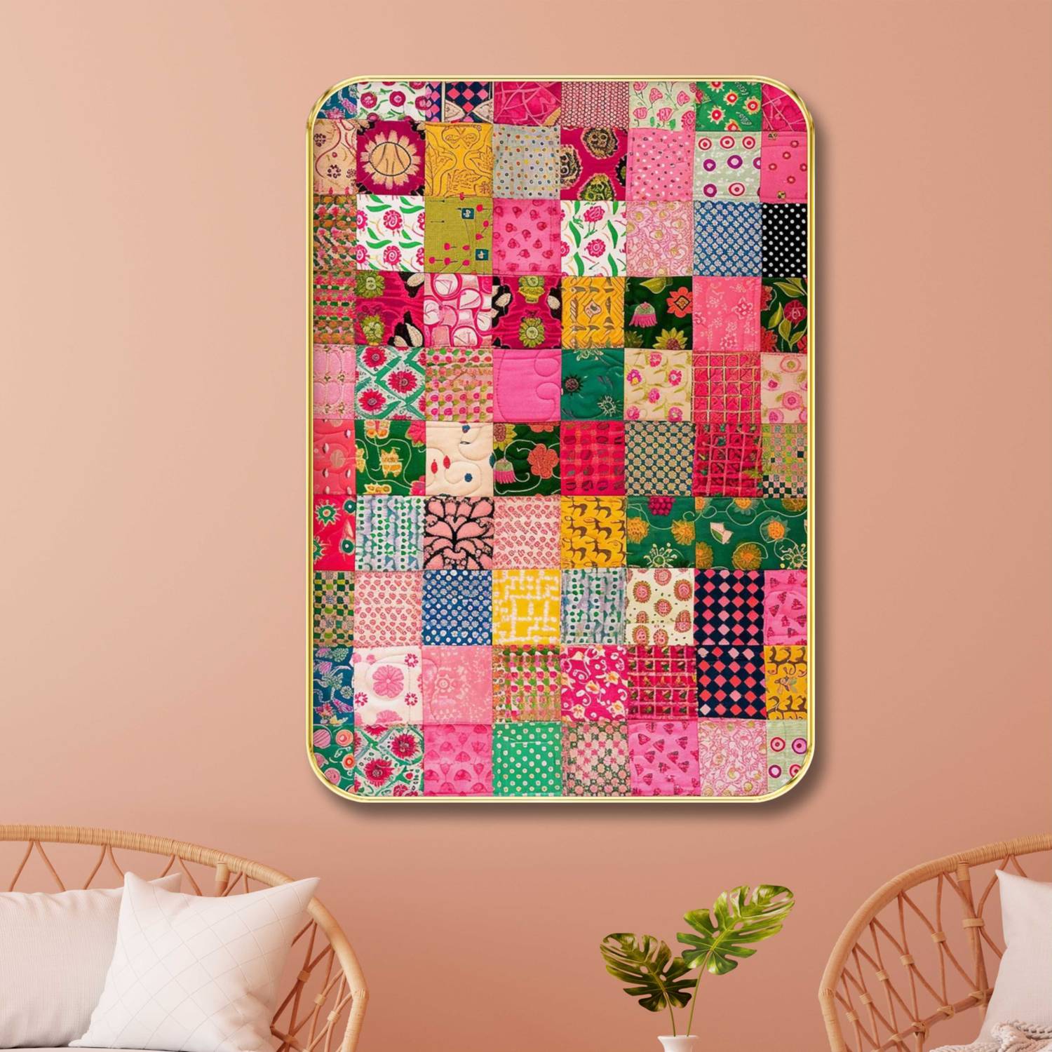 Aartify Colorful Patchwork Wall Art with Golden Frame | Ethnic Textile-Inspired Digital Reprint 19.5 inch x 13.5 inch Painting