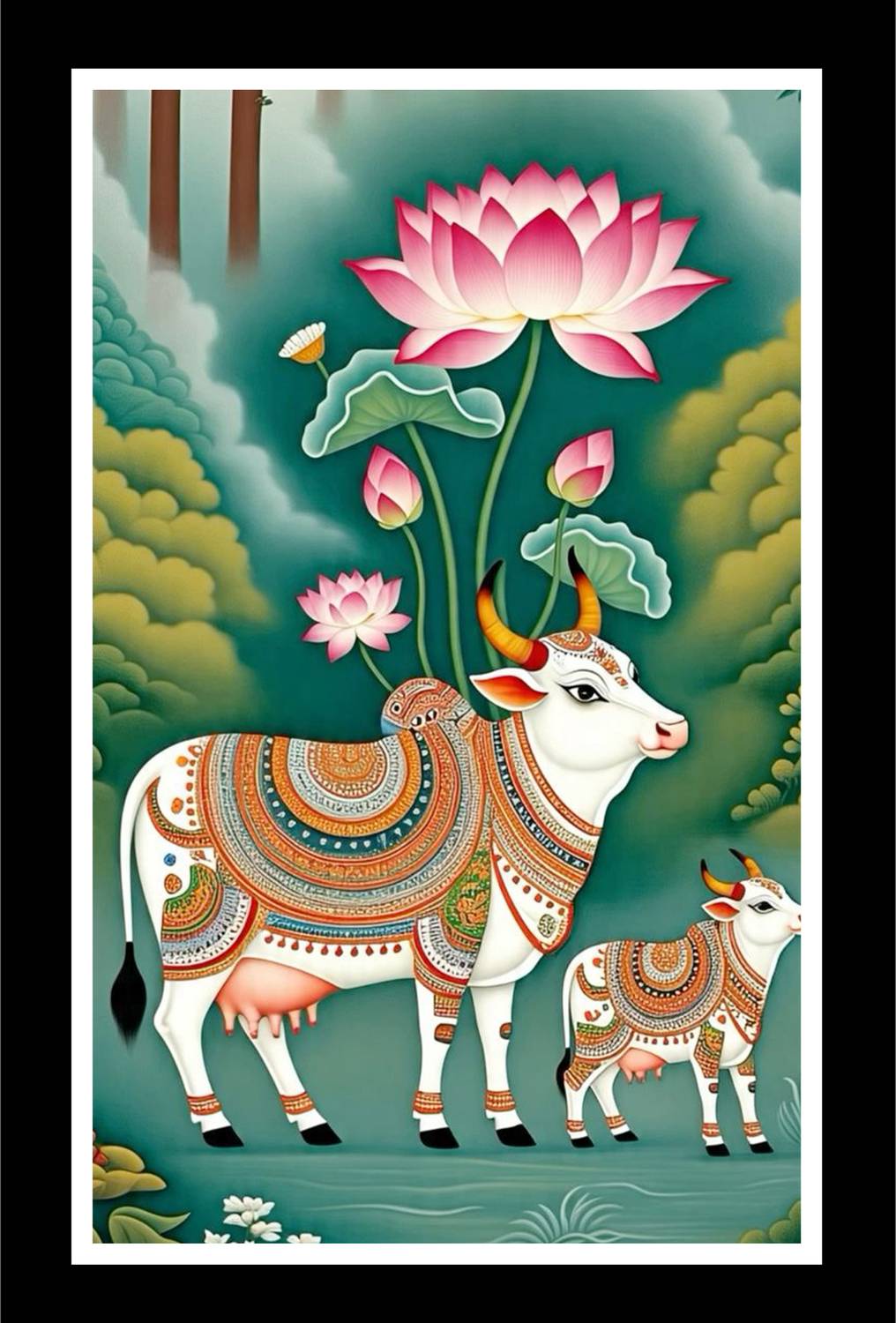 AARTKALA Pichwai Art Kamdhenu Cow & Calf Wall Panting Frame A4 Canvas 12 inch x 8 inch Painting