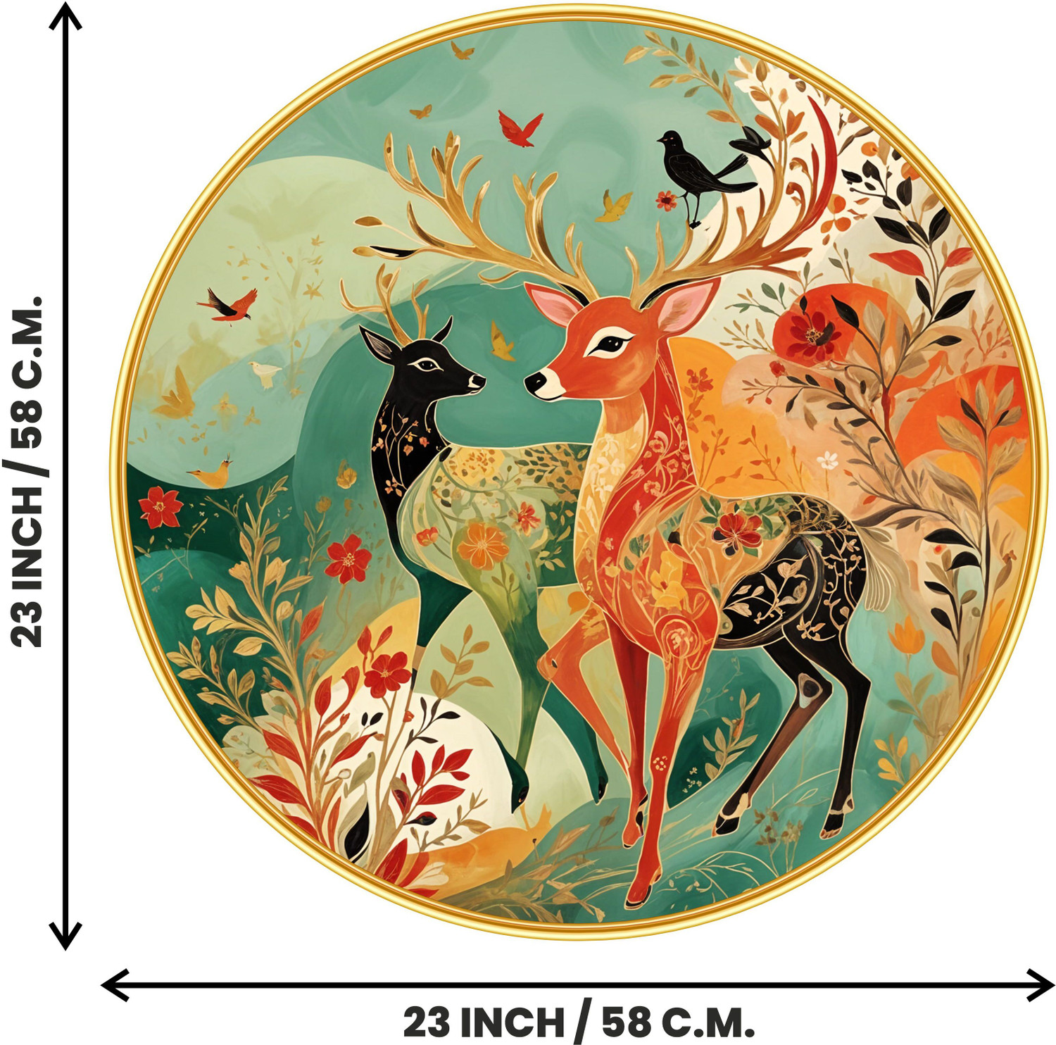 Image of SAF PRINT Deer Nature Round Wall Art | Colorful Folk Style Home Decor Painting