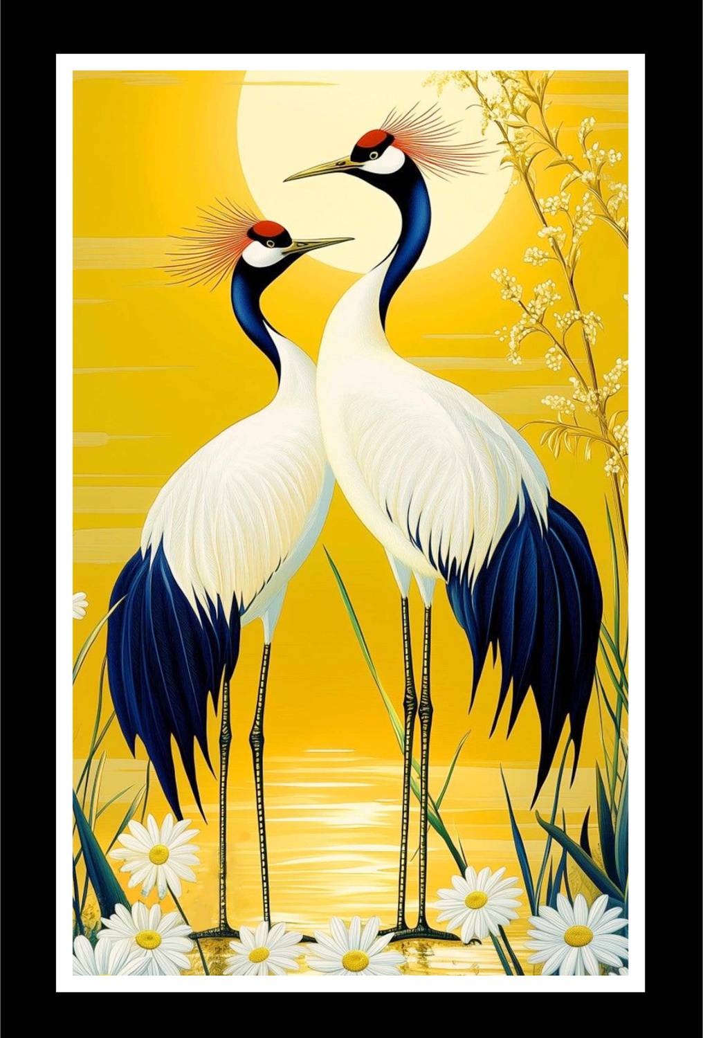 AARTKALA Golden Sunset Crane Couple Canvas Print A4 Canvas 12 inch x 8 inch Painting