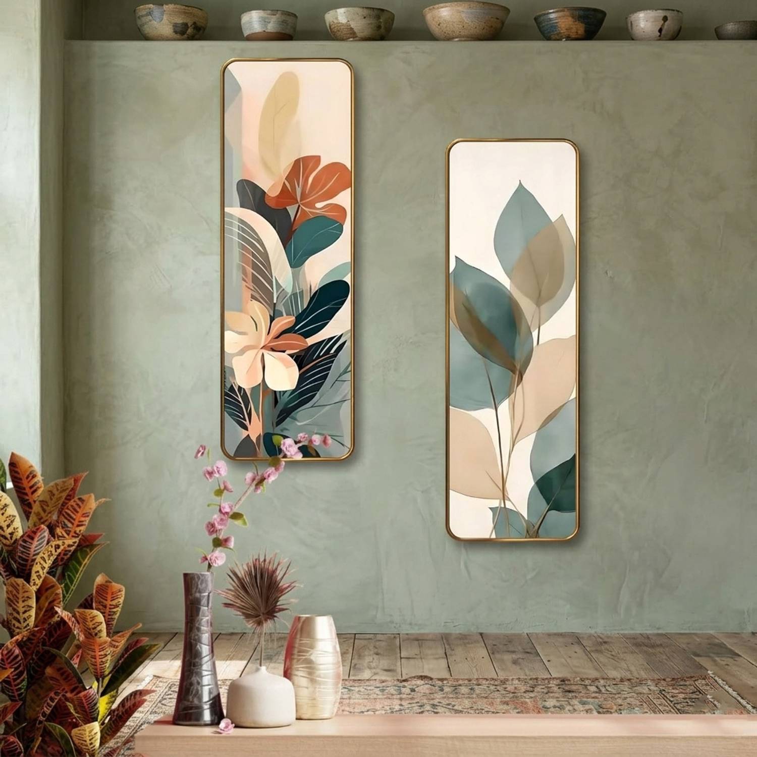 admireya arts Modern Beige & Teal Floral MDF Panel Art Hanging Painting (Set of 2) Digital Reprint 18 inch x 12 inch Painting