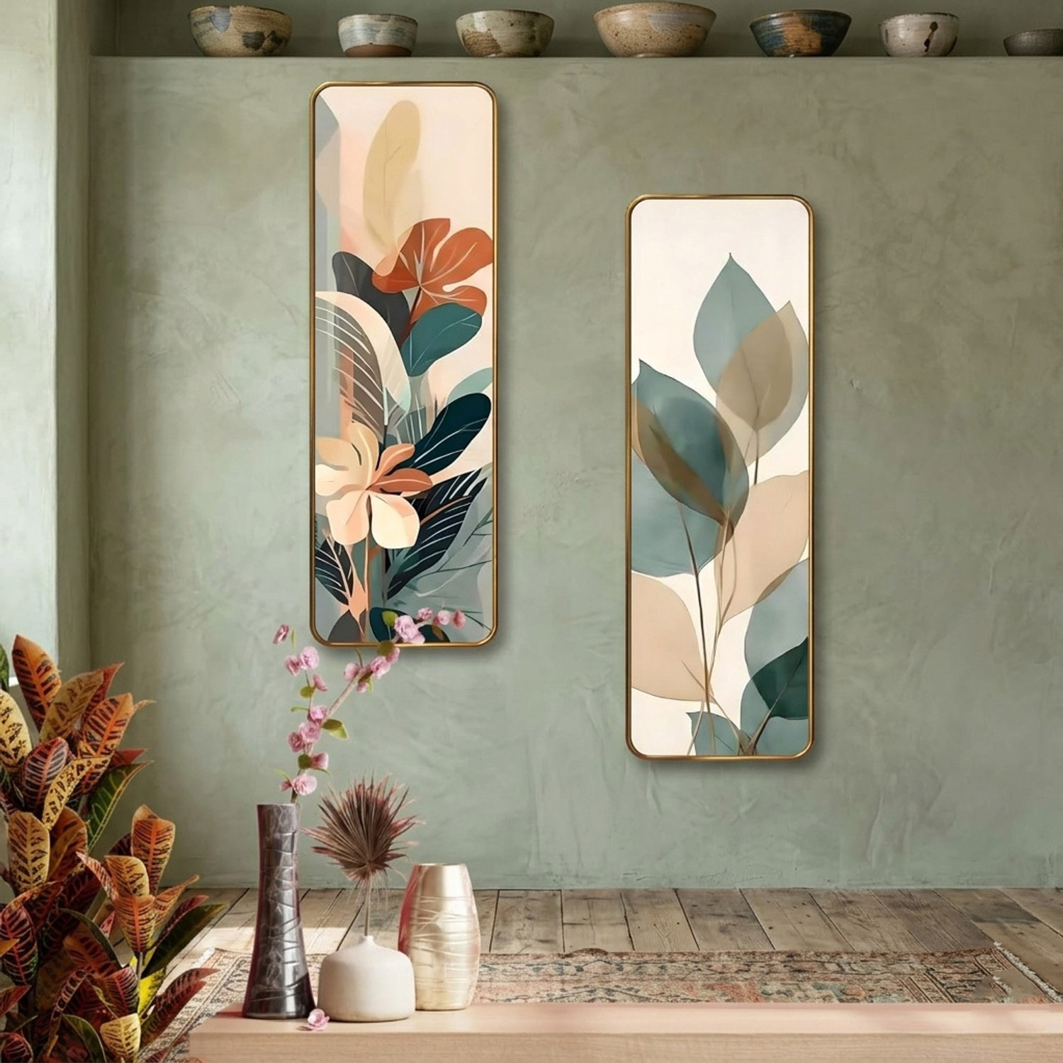 Image of Iya Creations Modern Beige & Teal Floral MDF Panel Art Hanging Painting (Set of 2) Digital Reprint 18 inch x 12 inch Painting